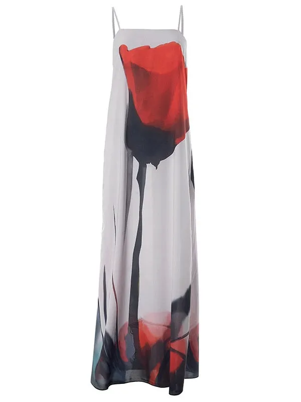 2023 Summer Flowing Spaghetti Strap Floral Print Maxi Dress