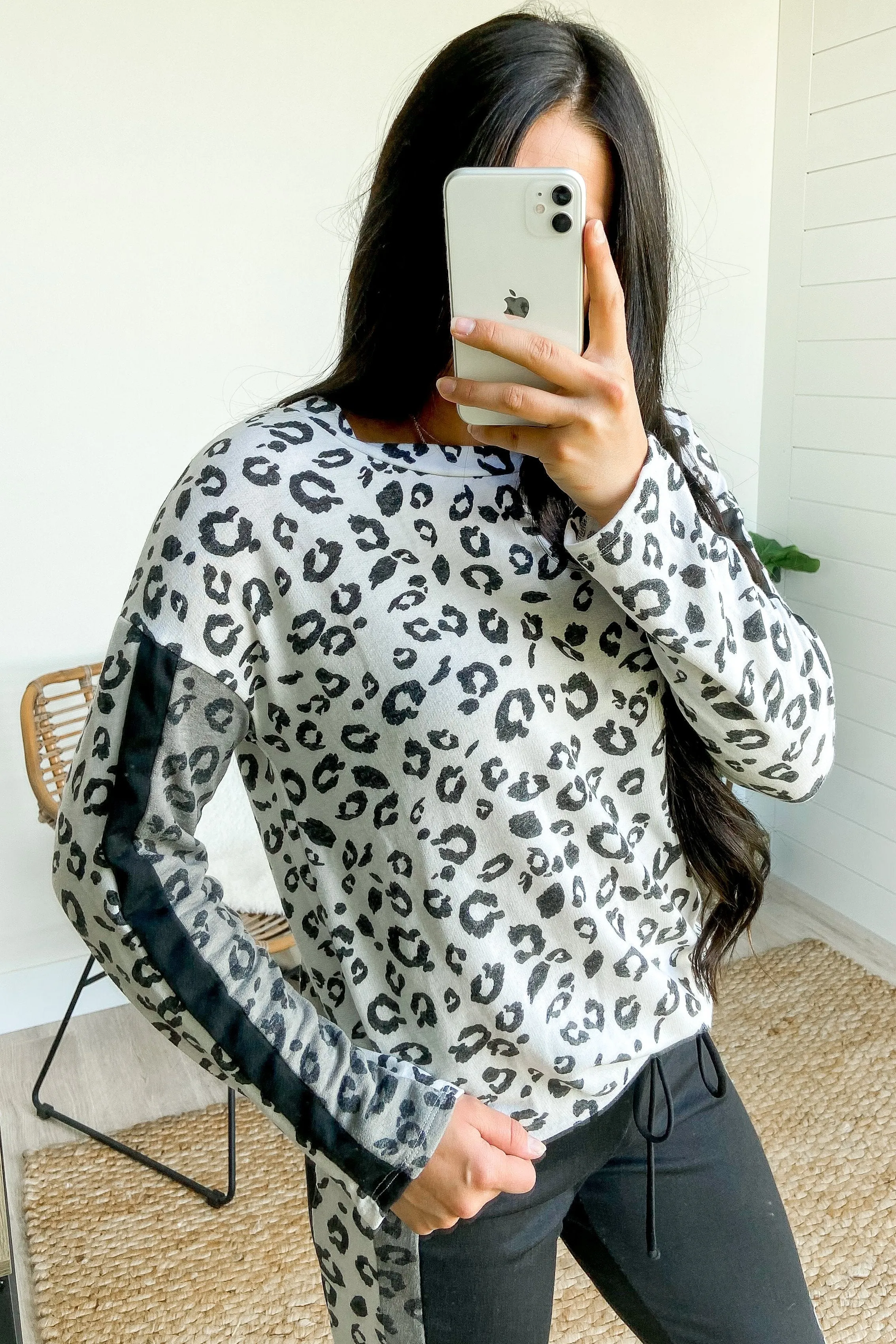 Long Sleeve Cheetah Print Top in Ivory, Charcoal, Black