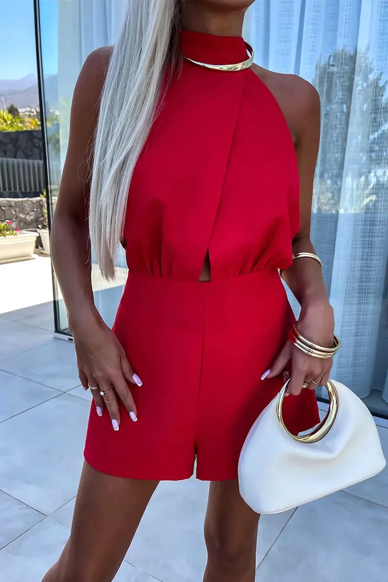 Backless Zipper Half Turtleneck Romper in 4 Solid Colors