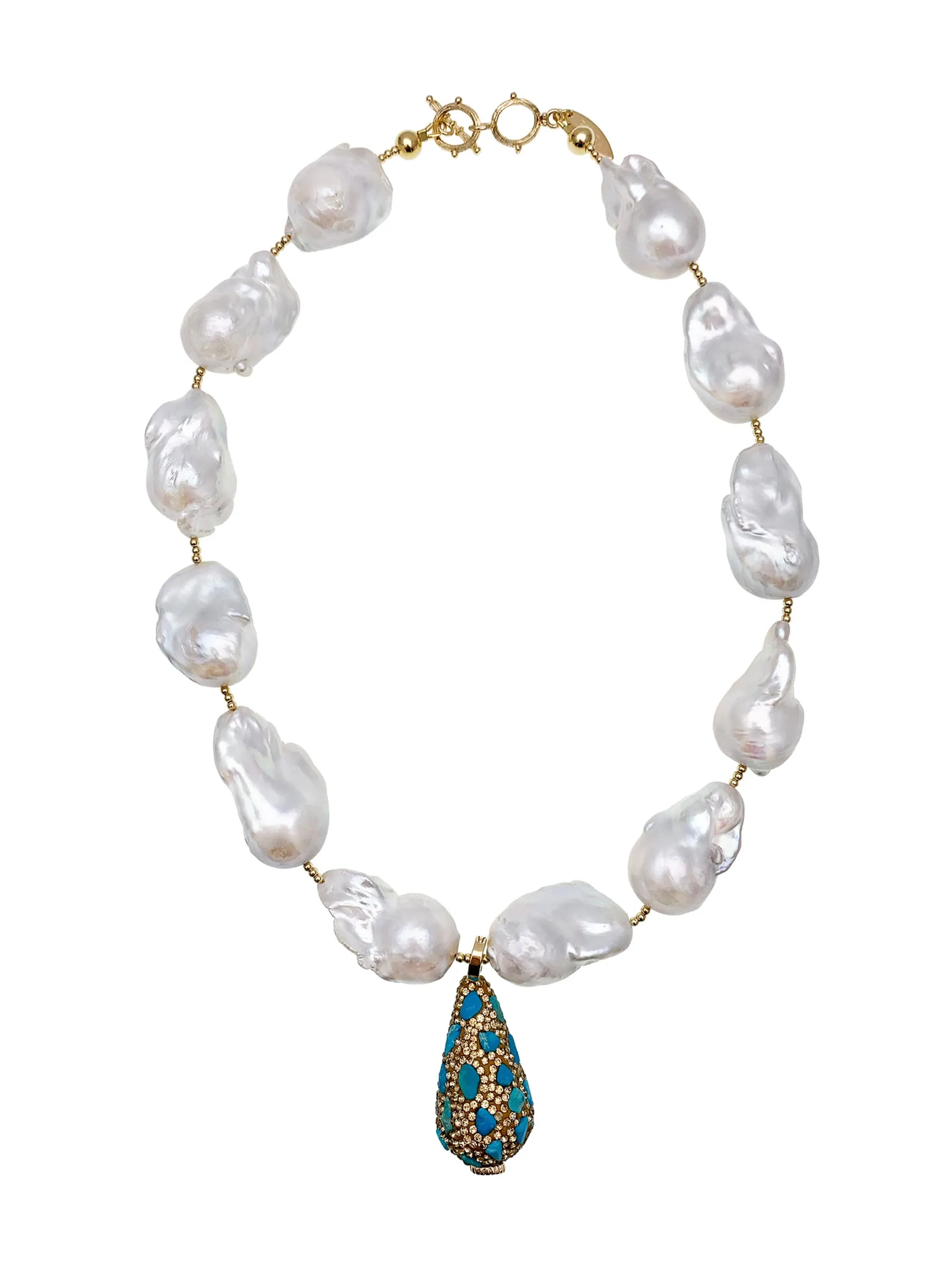 Baroque Pearls Necklace With Rhinestone Bordered Turquoise Charm