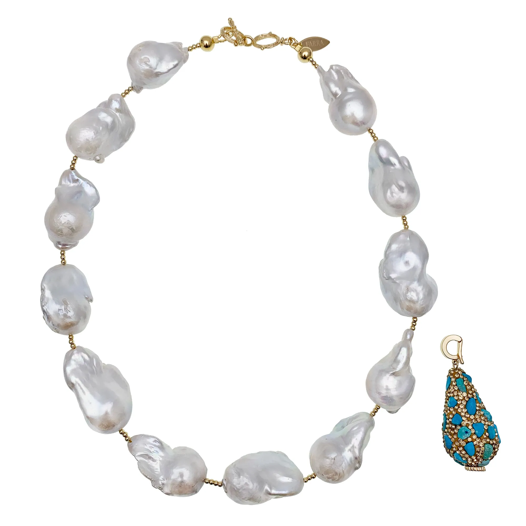 Baroque Pearls Necklace With Rhinestone Bordered Turquoise Charm