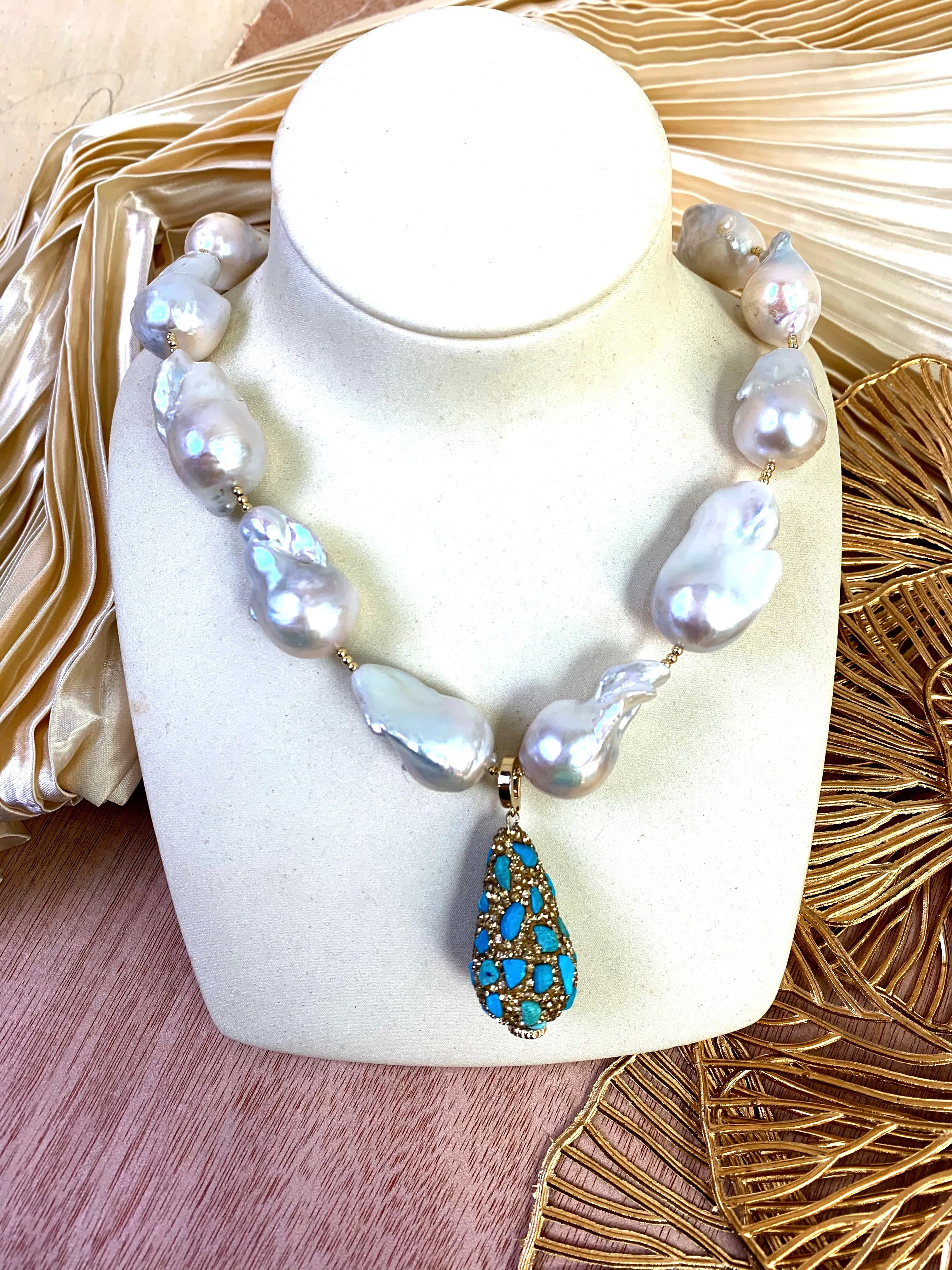 Baroque Pearls Necklace With Rhinestone Bordered Turquoise Charm