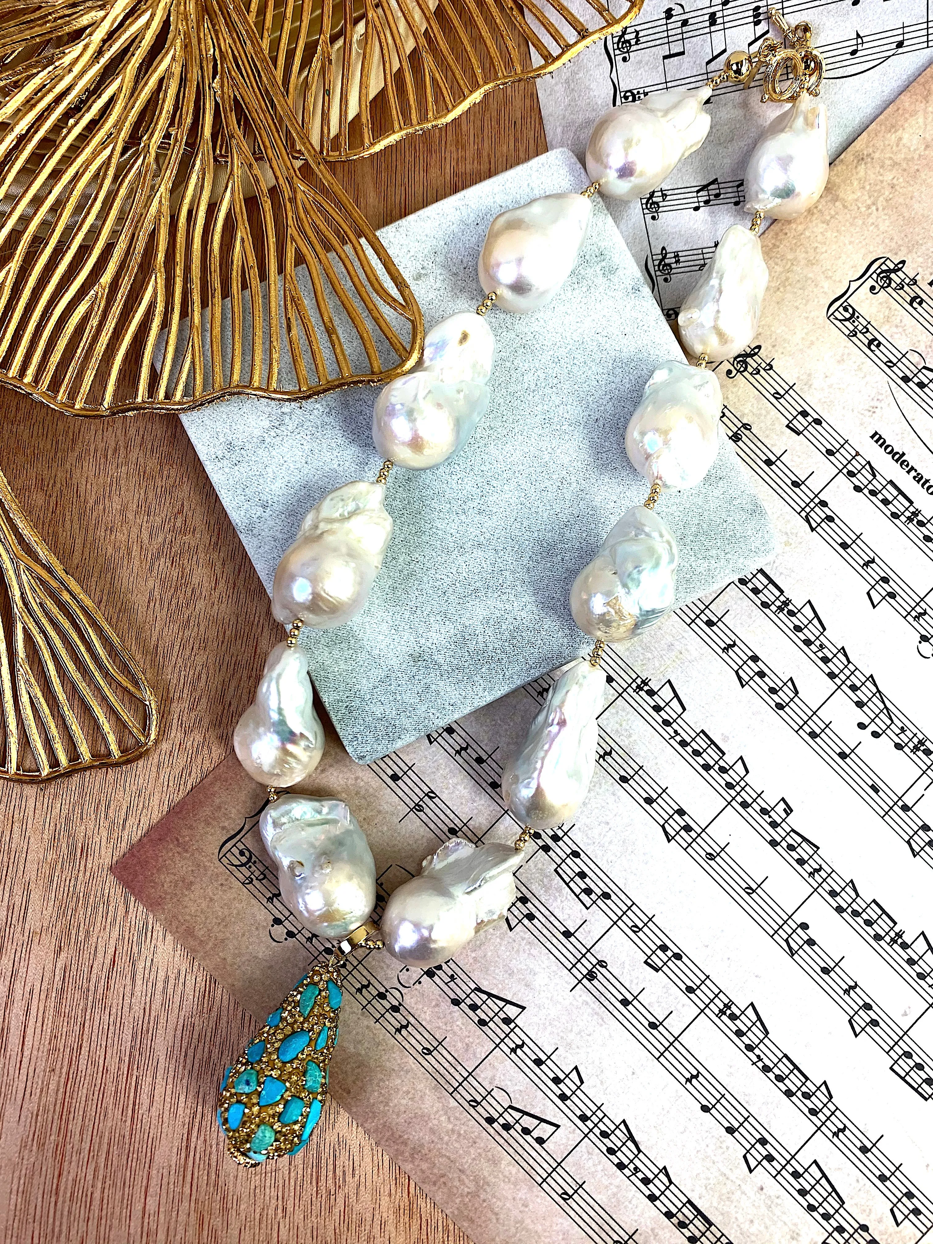 Baroque Pearls Necklace With Rhinestone Bordered Turquoise Charm