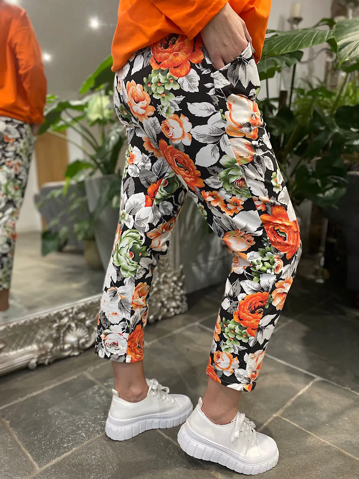 Flower Print Joggers in Black