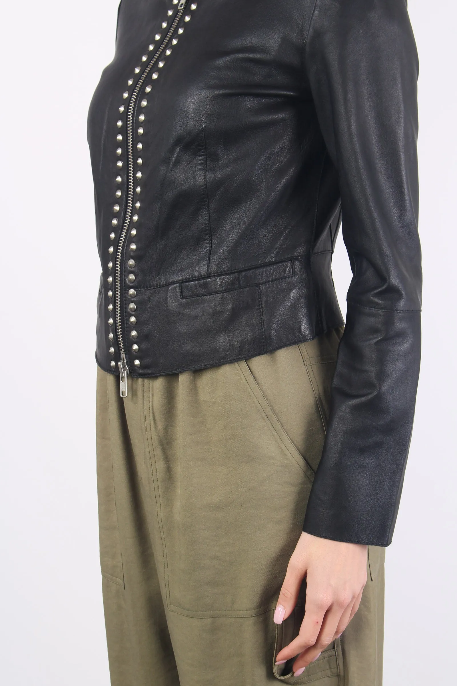 Cropped Black Leather Studded Biker