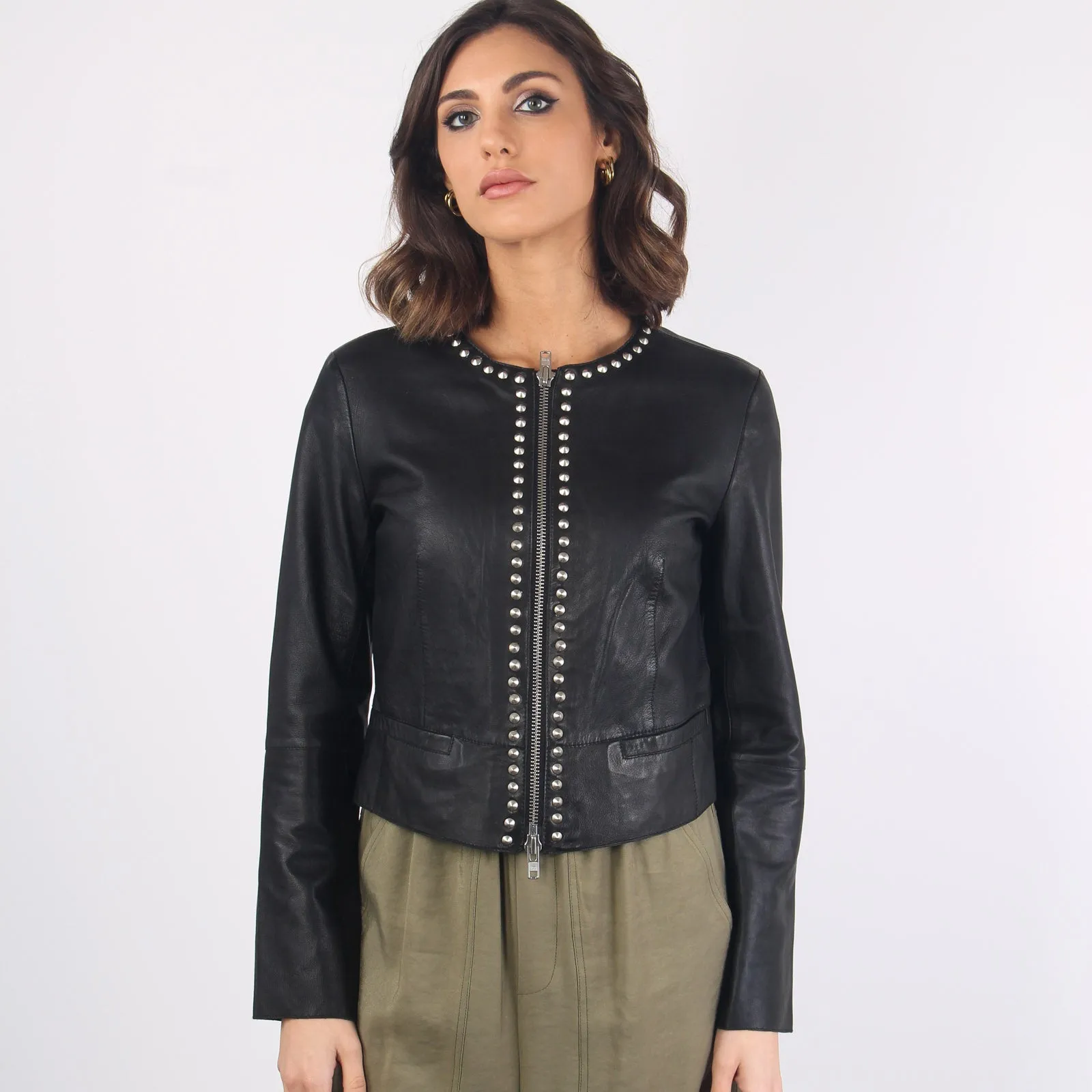 Cropped Black Leather Studded Biker