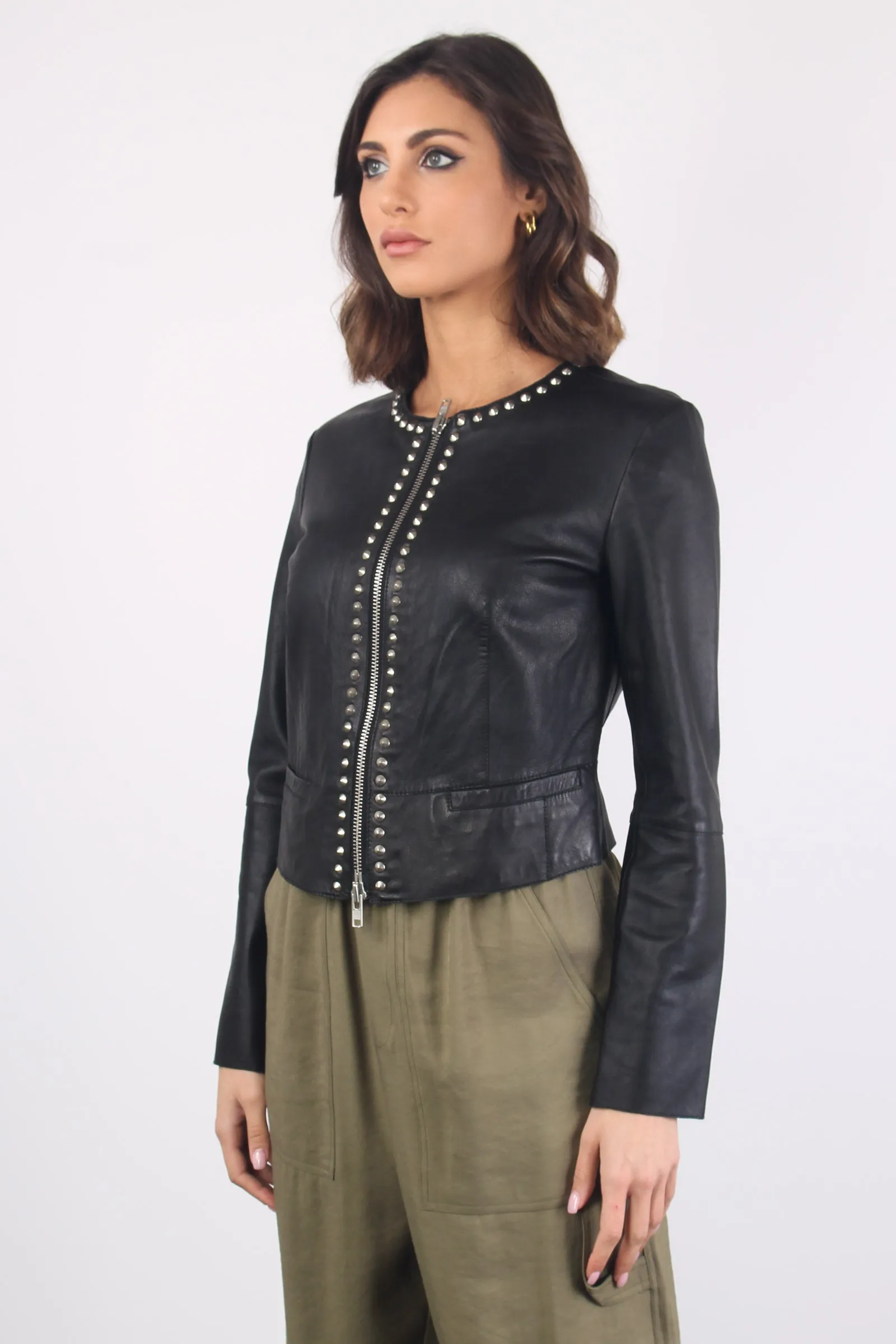 Cropped Black Leather Studded Biker