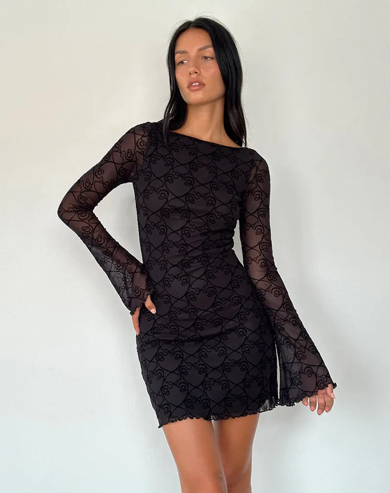 Black Queen of Heart Flock Long Sleeve Mini Dress