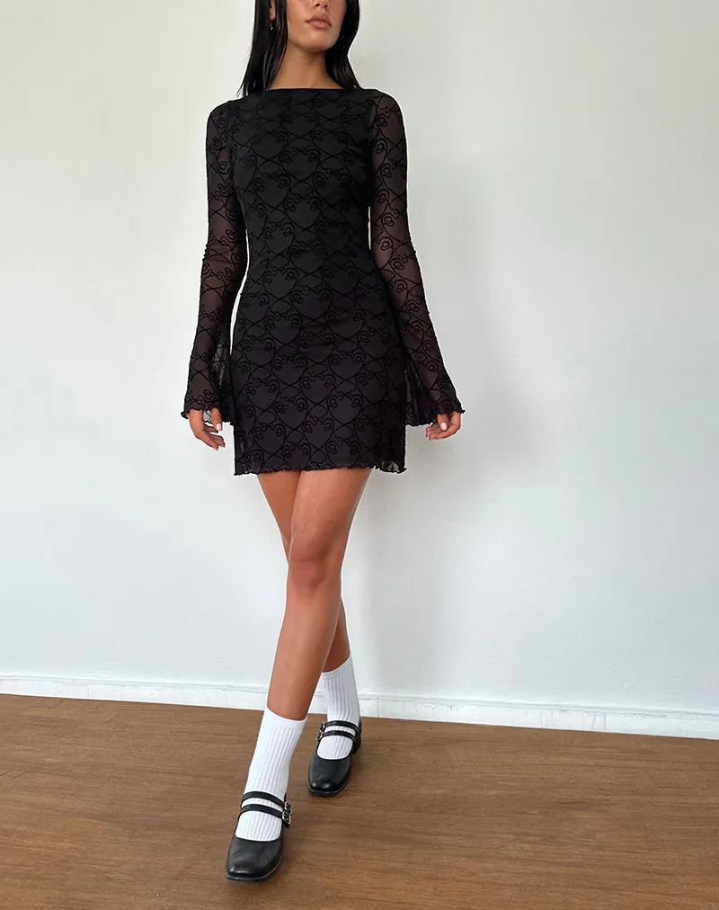 Black Queen of Heart Flock Long Sleeve Mini Dress