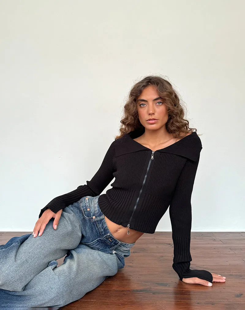 Black Radia Long Sleeve Off-Shoulder Zip Through Jumper