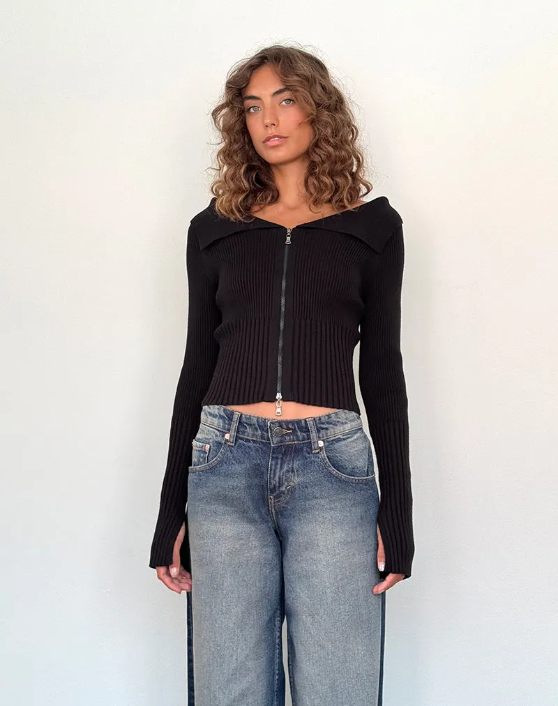 Black Radia Long Sleeve Off-Shoulder Zip Through Jumper