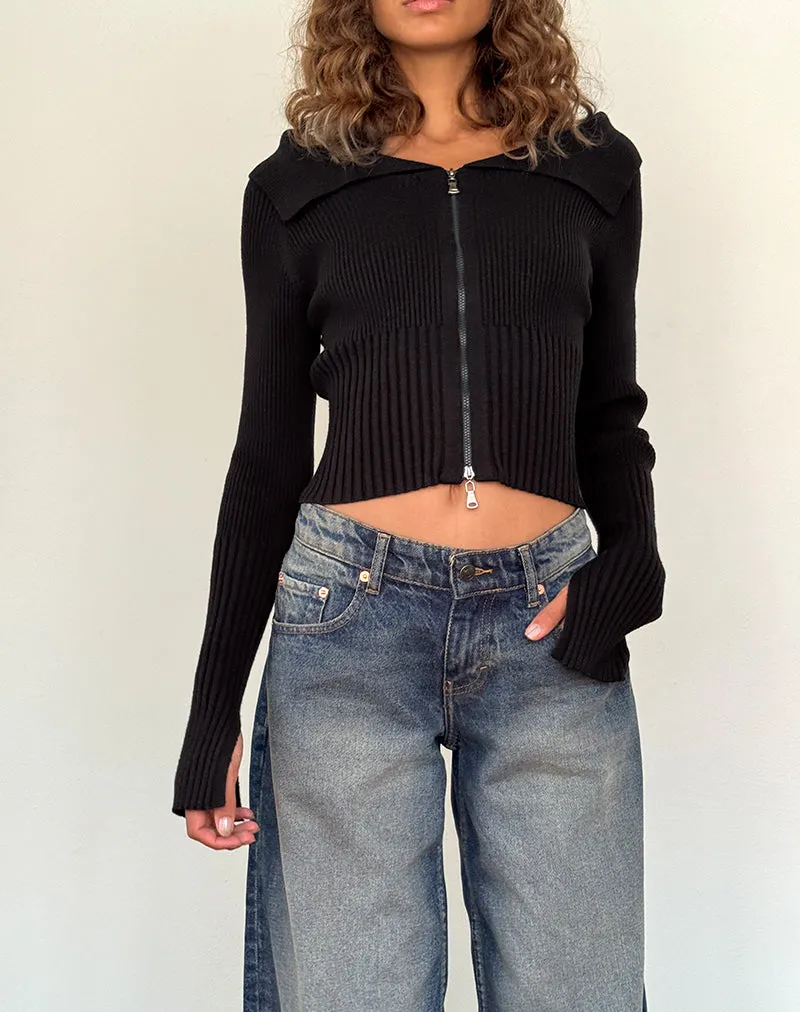 Black Radia Long Sleeve Off-Shoulder Zip Through Jumper