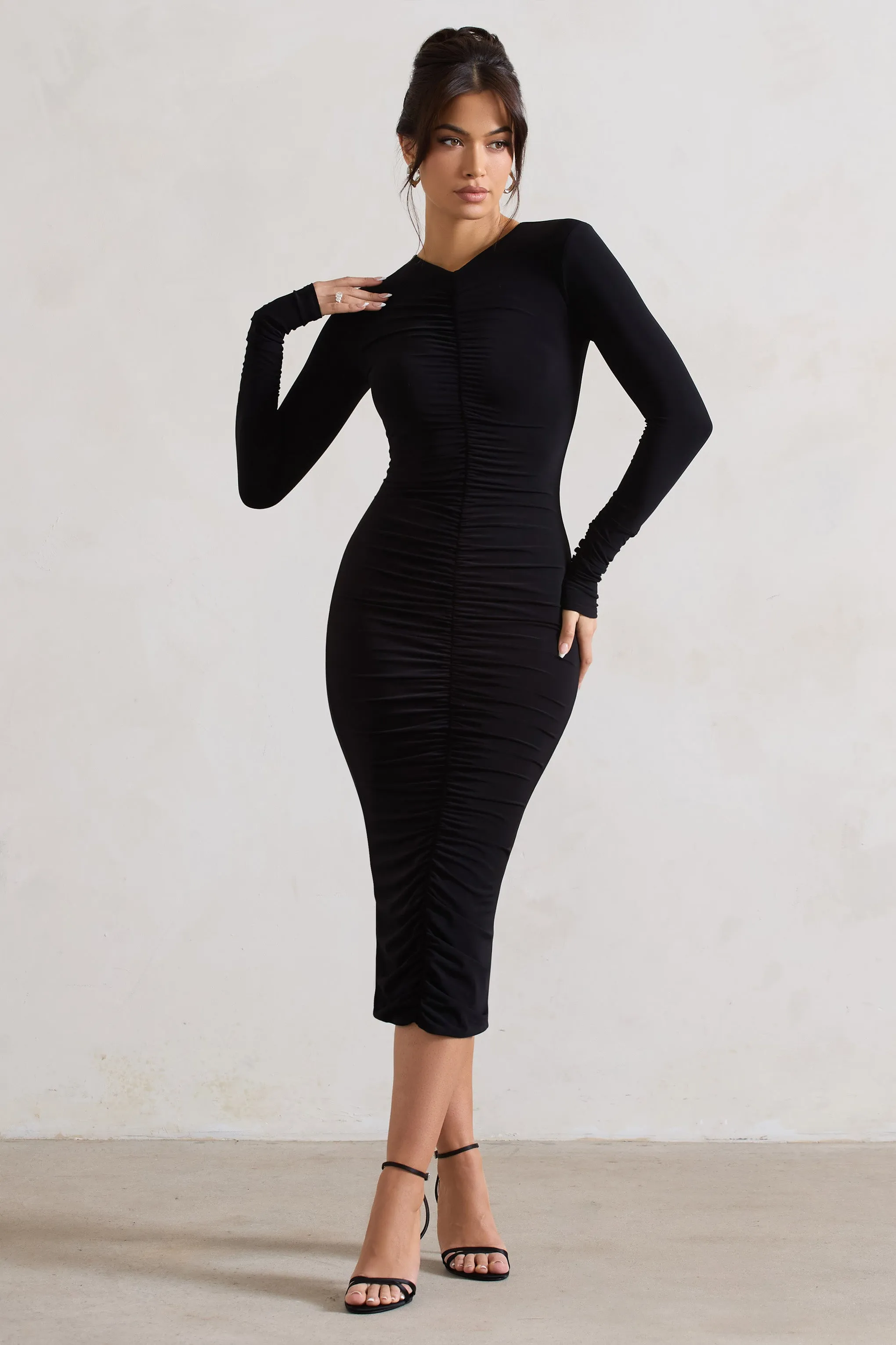 Black Ruched Bodycon Midi Dress