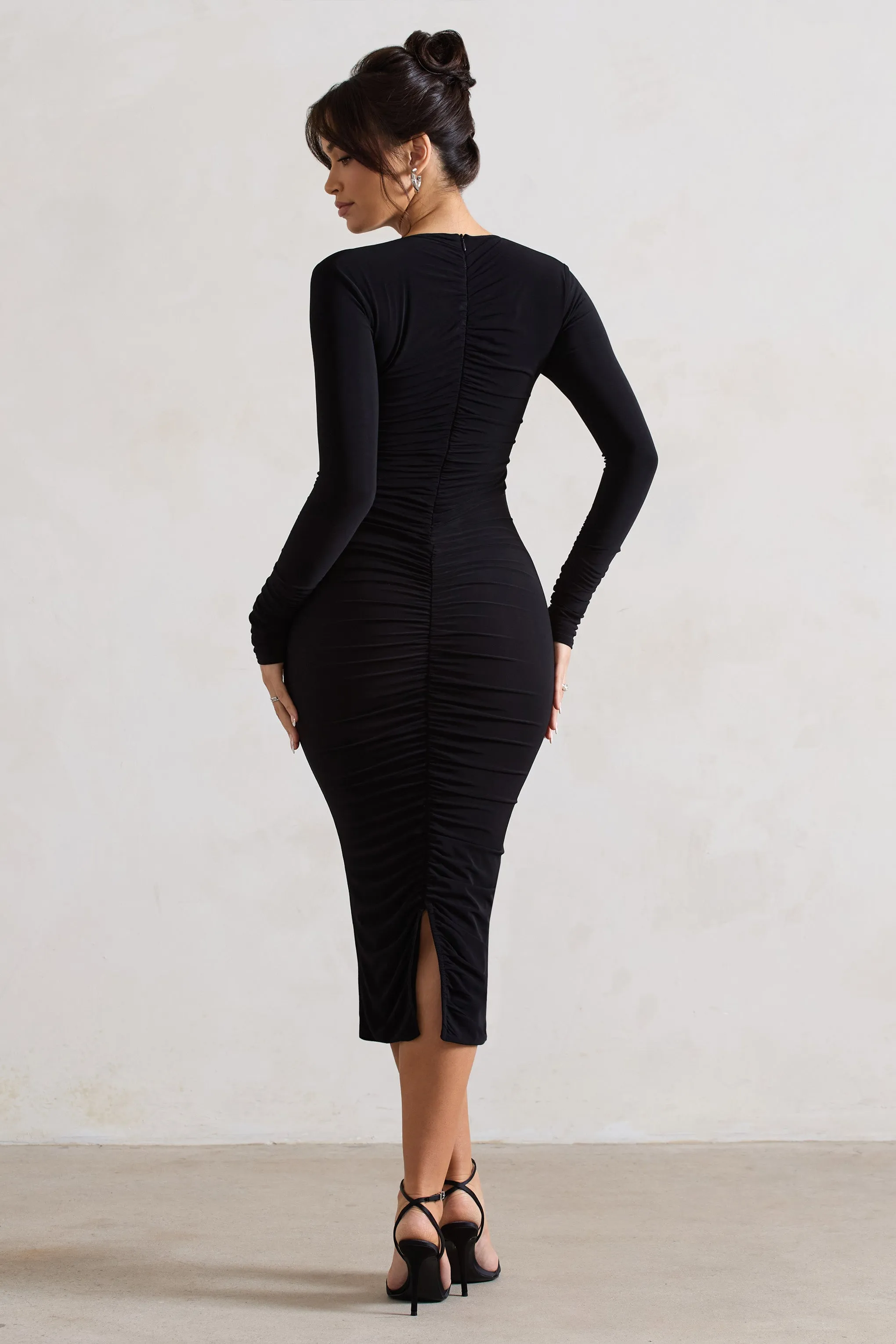 Black Ruched Bodycon Midi Dress