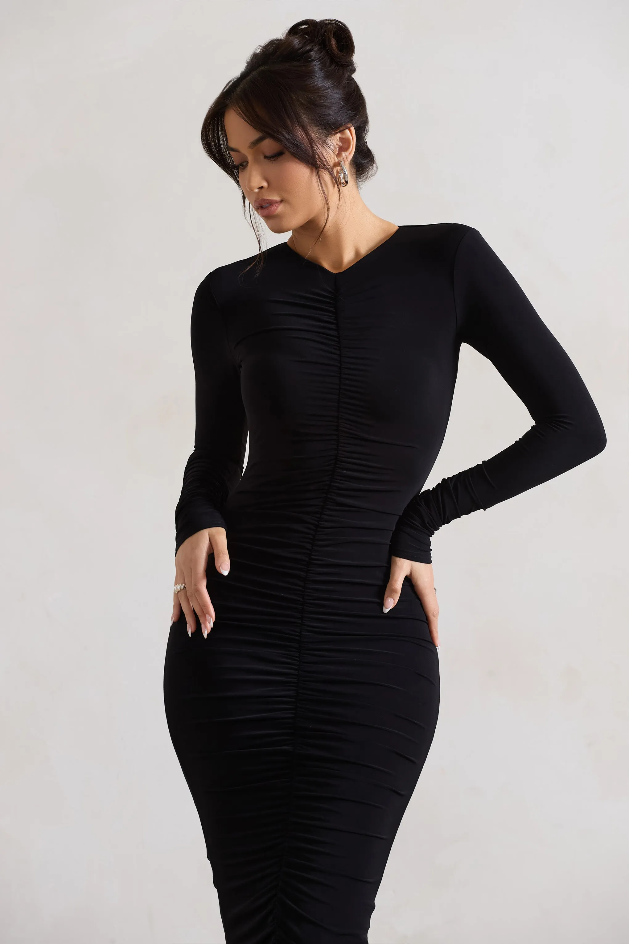 Black Ruched Bodycon Midi Dress