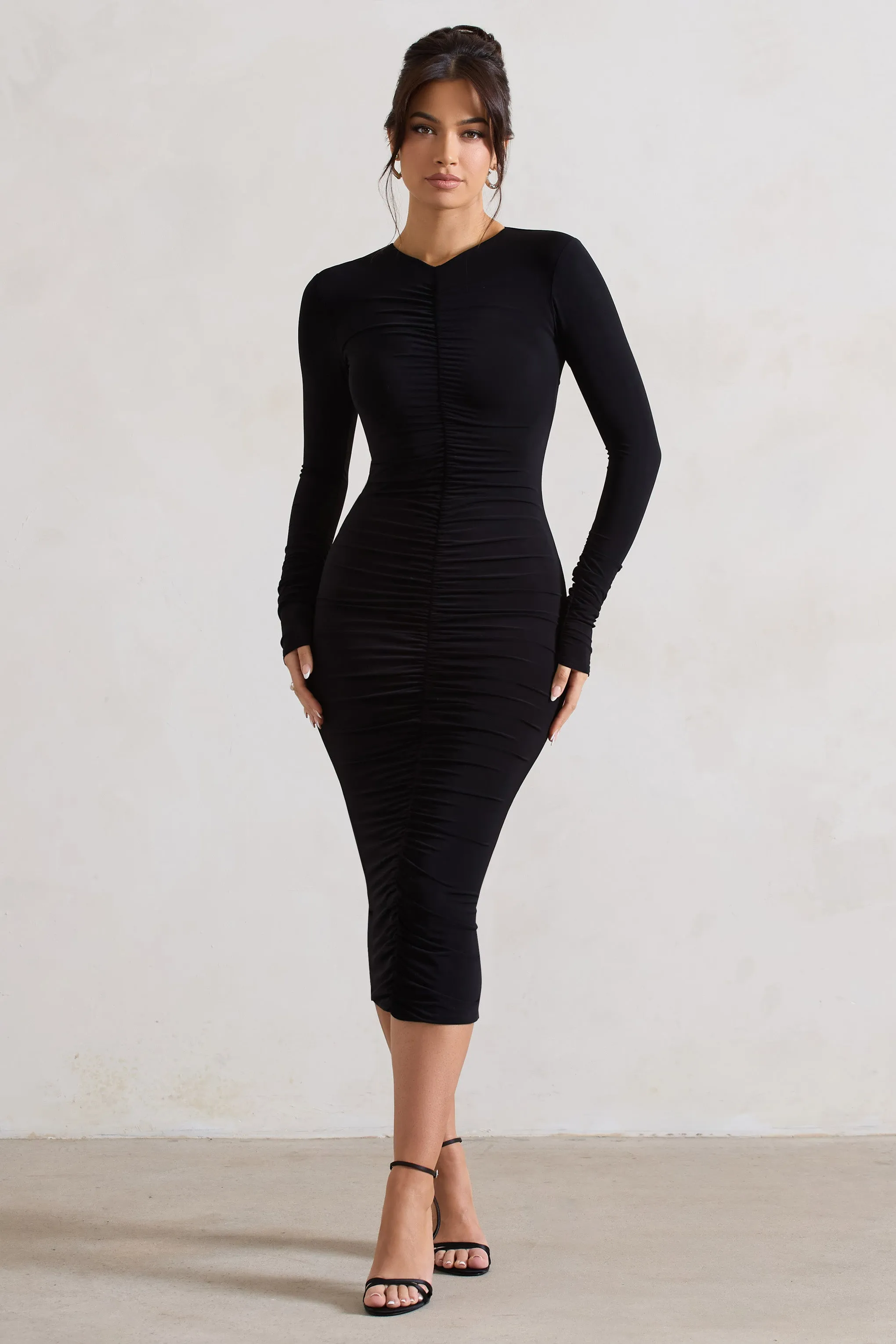 Black Ruched Bodycon Midi Dress