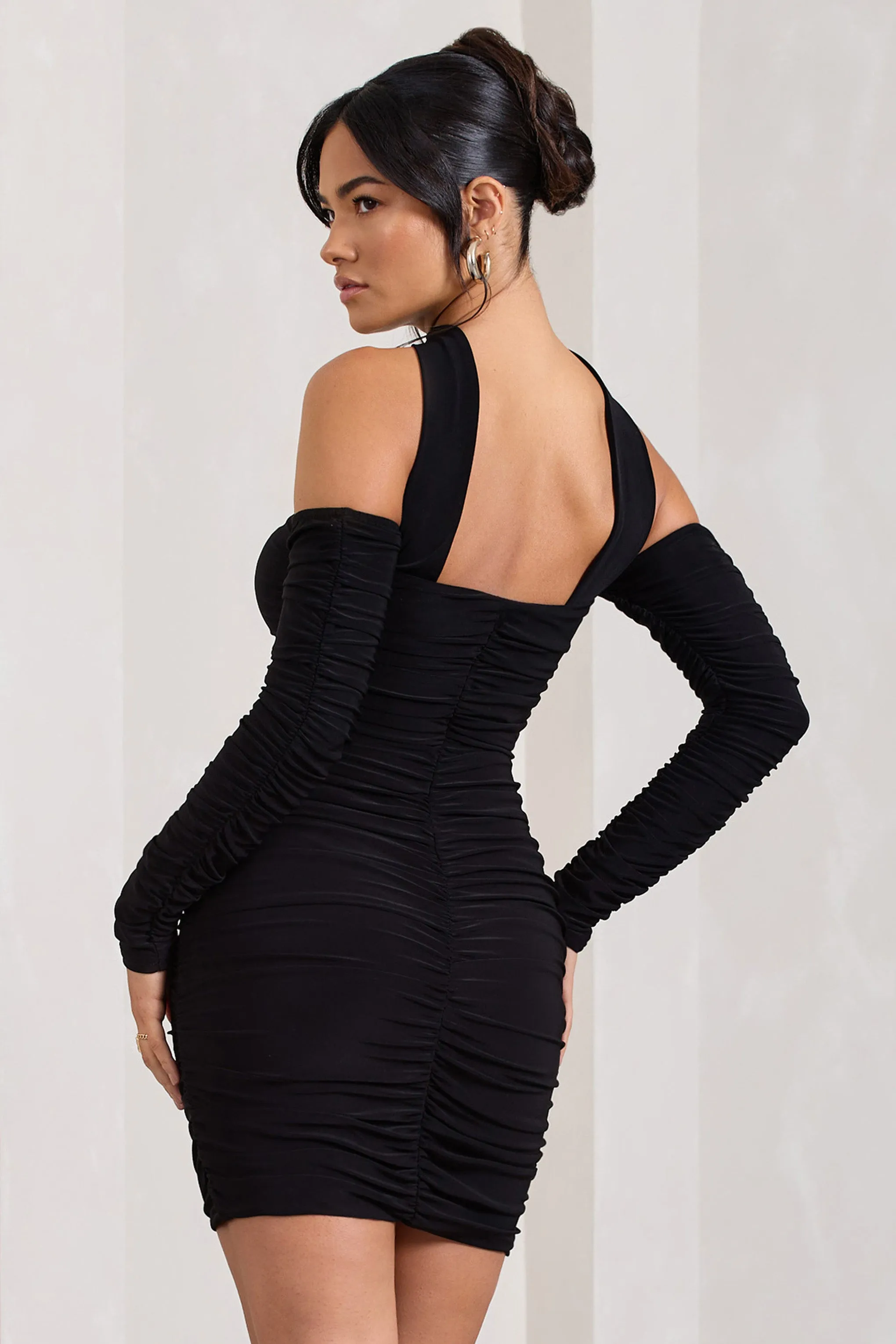 Black Ruched Long-Sleeve Bodycon Mini Dress