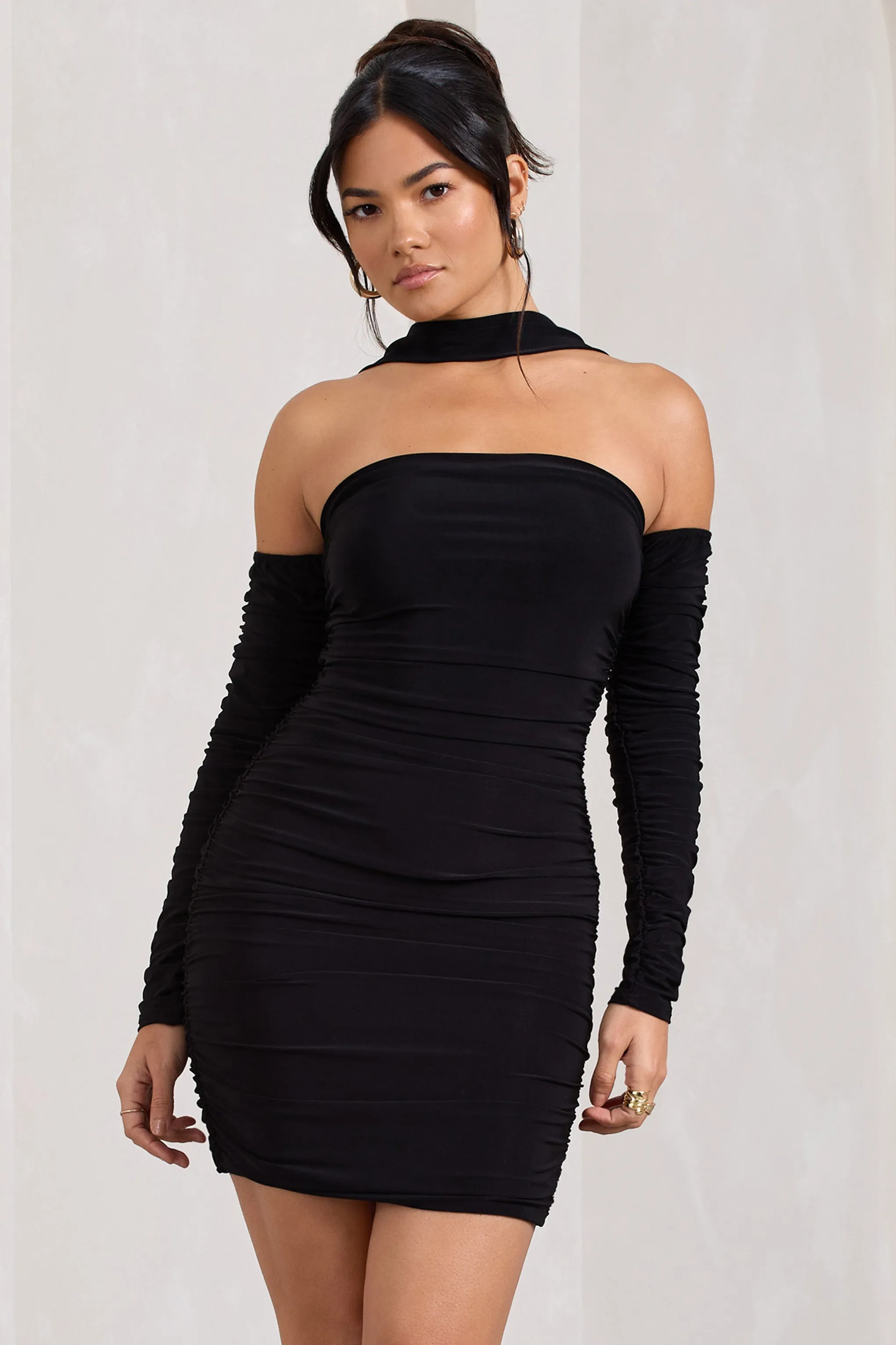 Black Ruched Long-Sleeve Bodycon Mini Dress