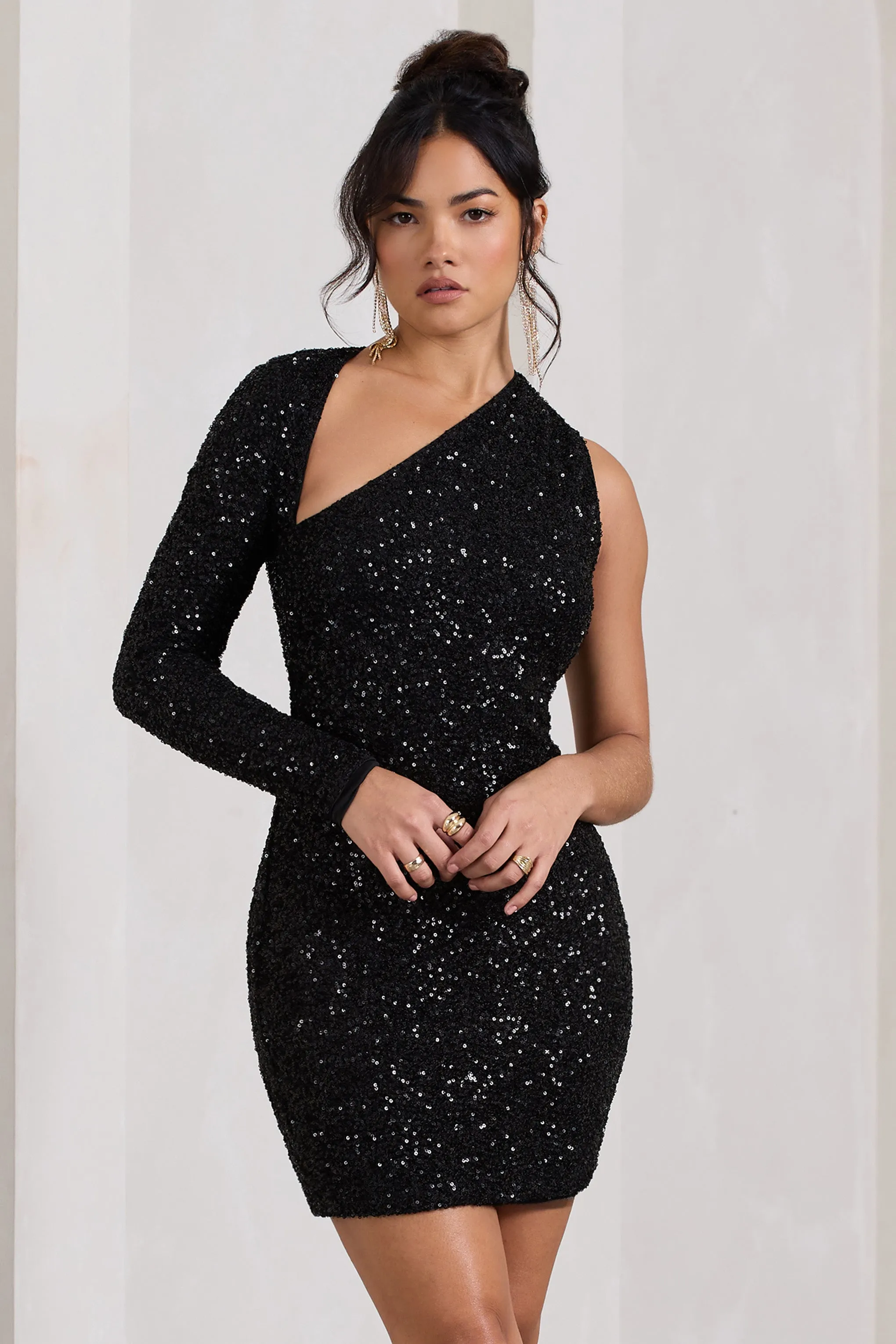 Black Sequin One Shoulder Mini Dress