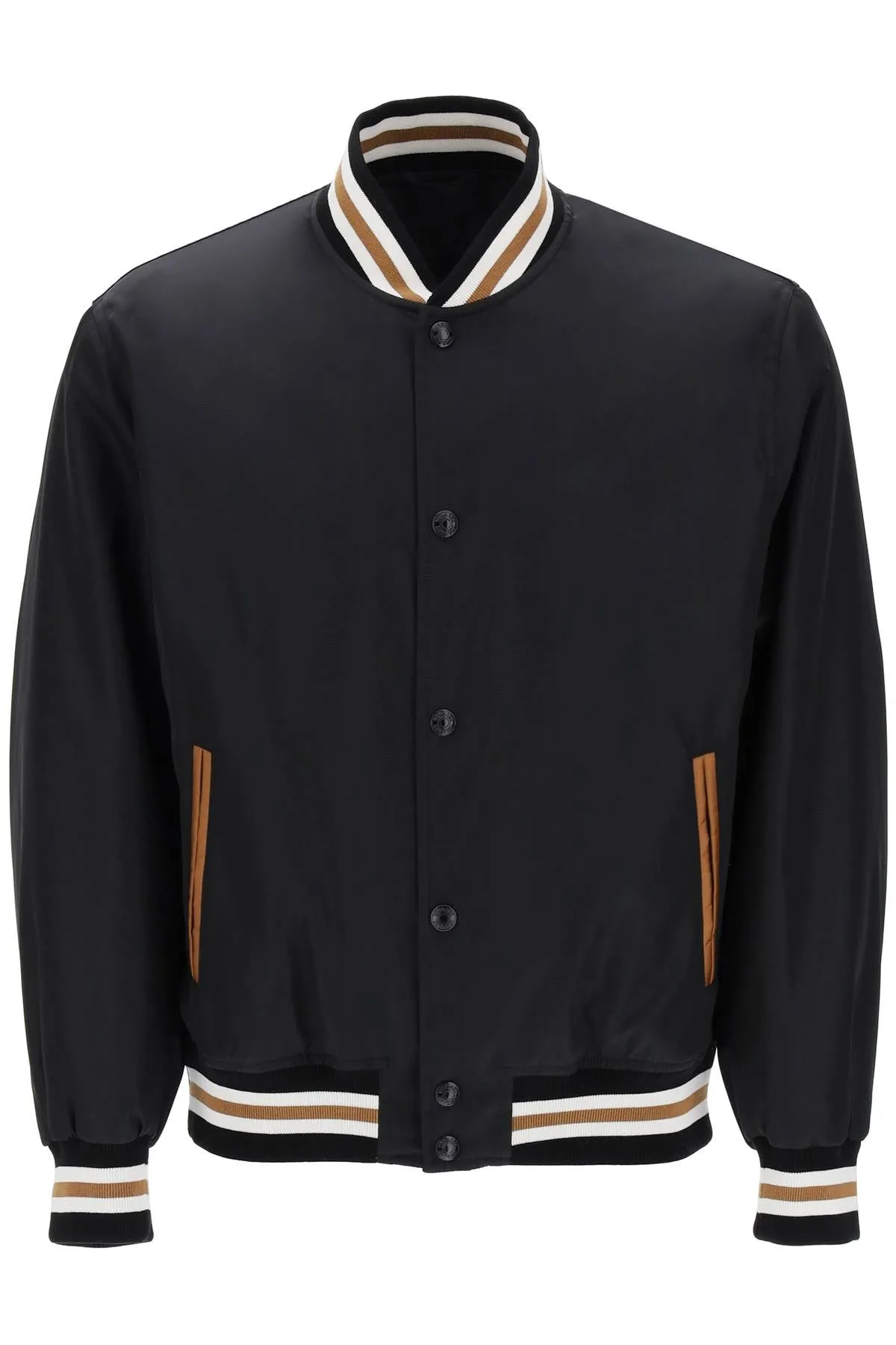 VERSACE Black Nylon Varsity Bomber Jacket with Medusa Flame Embroidery