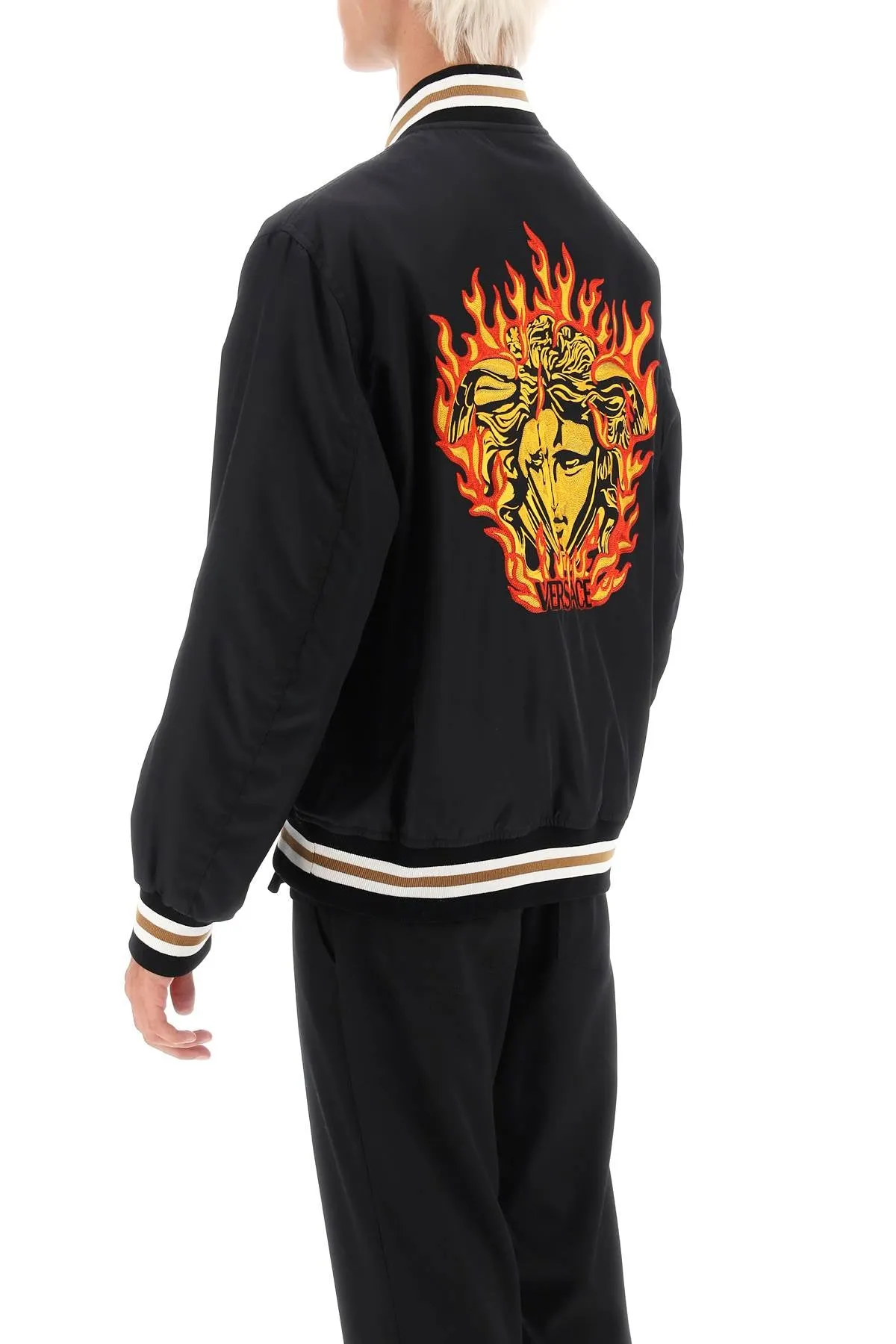 VERSACE Black Nylon Varsity Bomber Jacket with Medusa Flame Embroidery