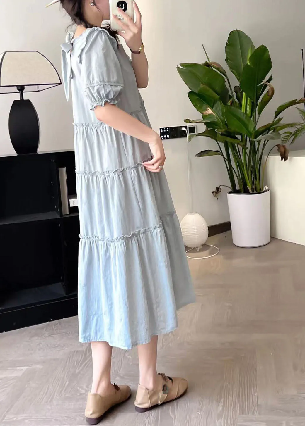 Wrinkled Blue Patchwork Maxi Dress for Summer