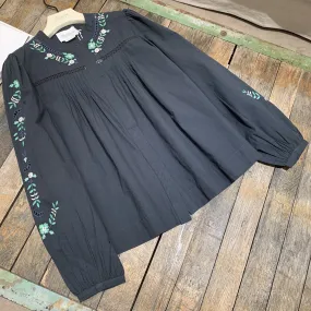 Cotton blouse with green and gray flower embroirdery