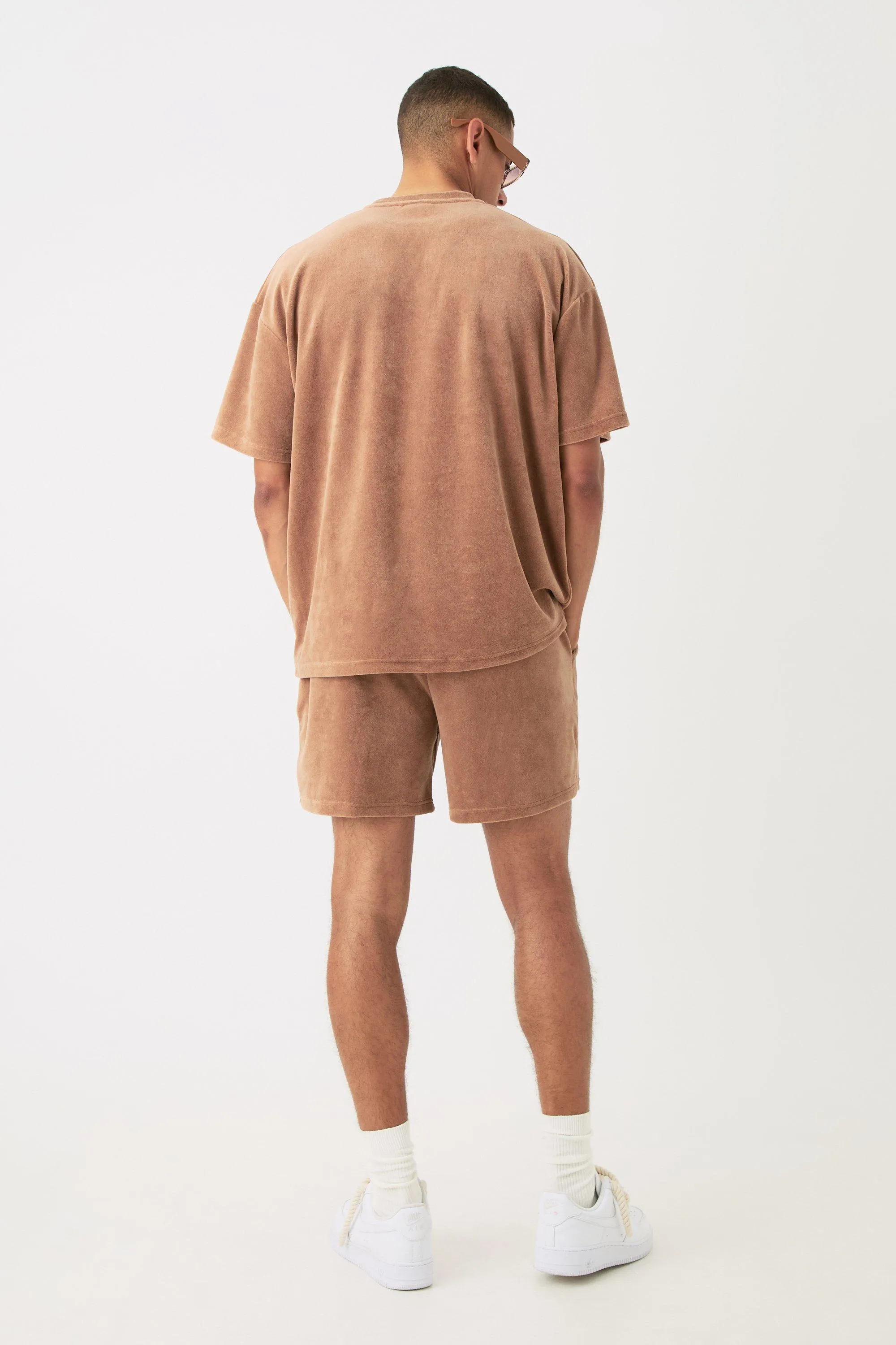 boohooMAN Tracksuit Set: Velour Oversized T-shirt & Pintuck Shorts for Men