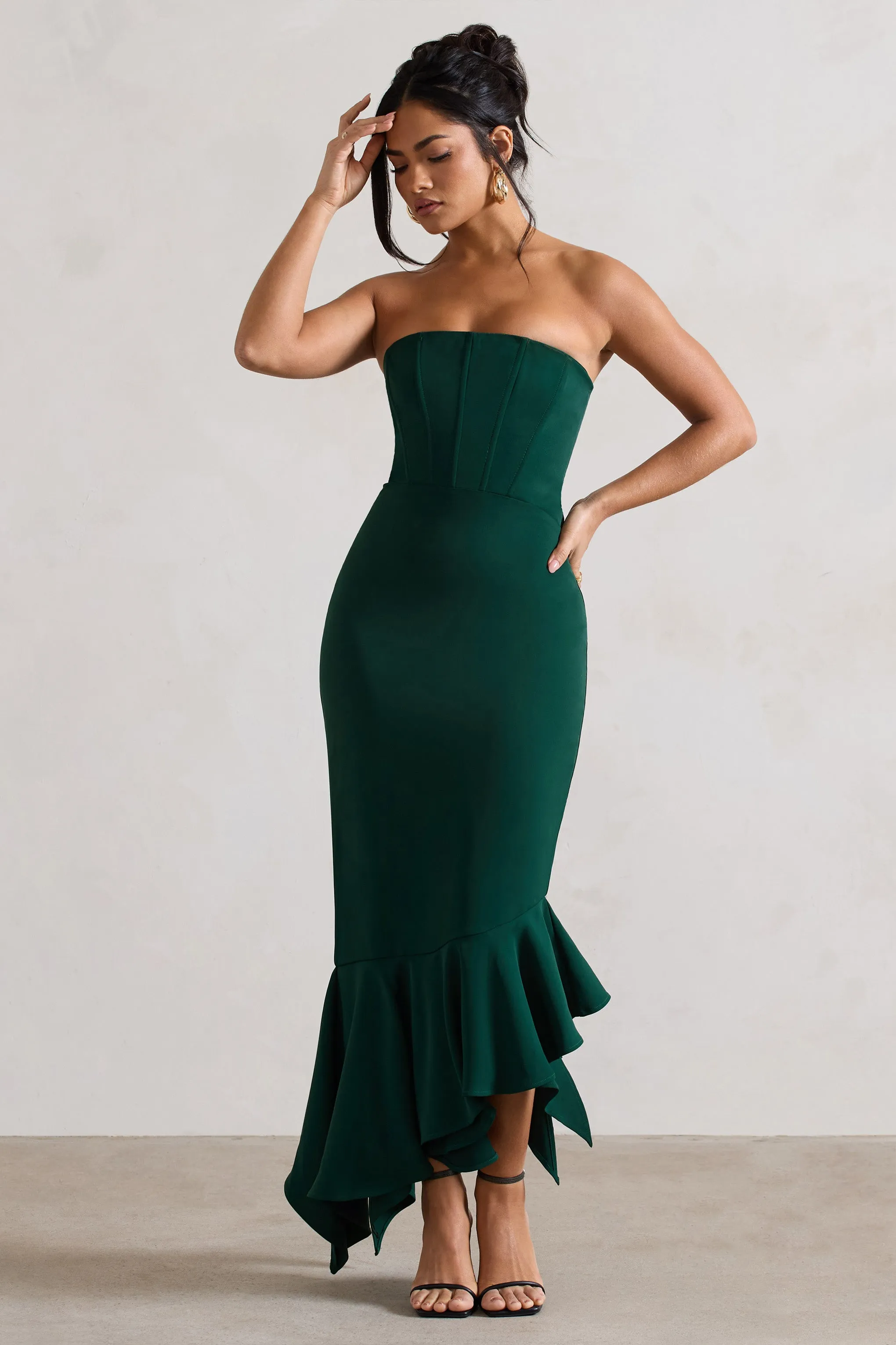 Bottle Green Strapless Corset Maxi Dress