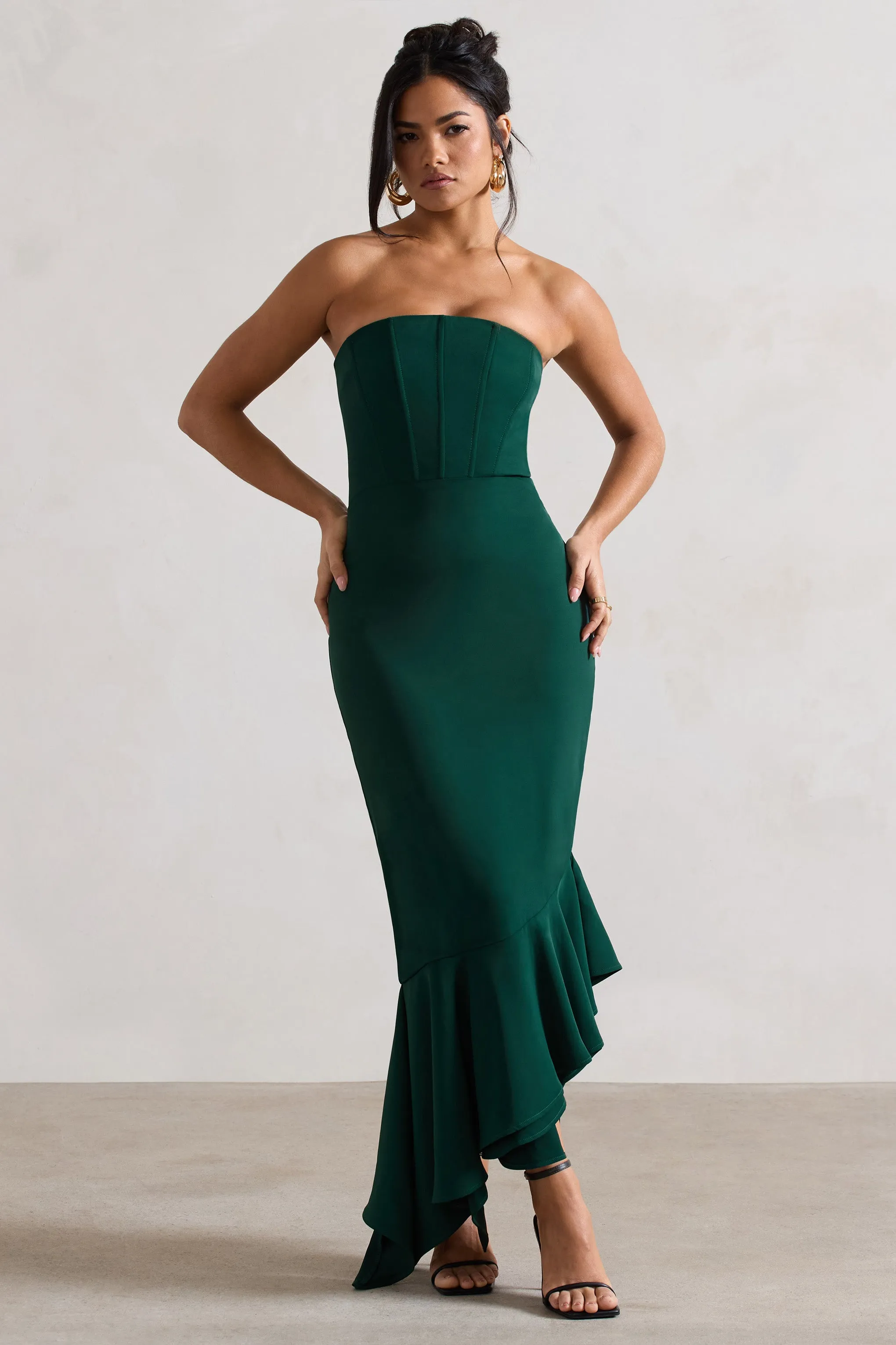 Bottle Green Strapless Corset Maxi Dress