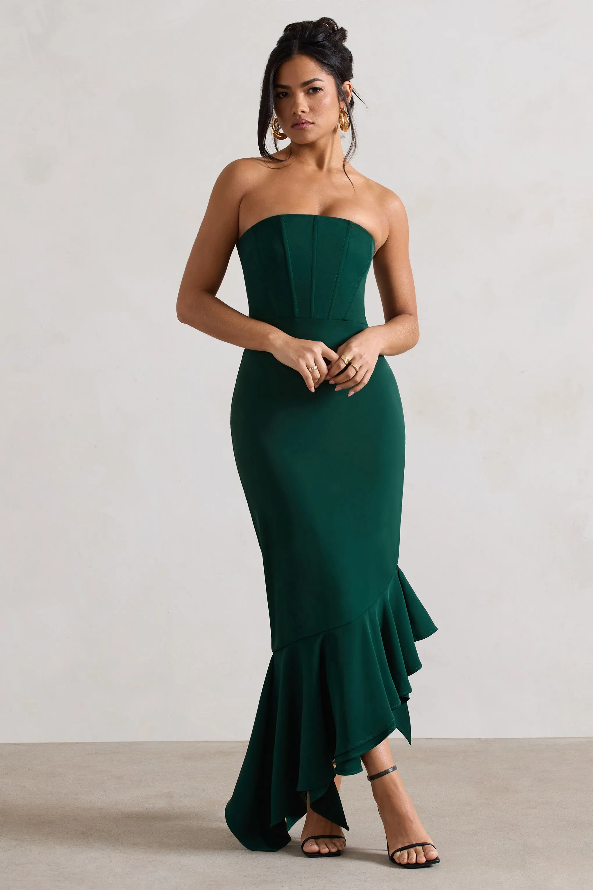 Bottle Green Strapless Corset Maxi Dress