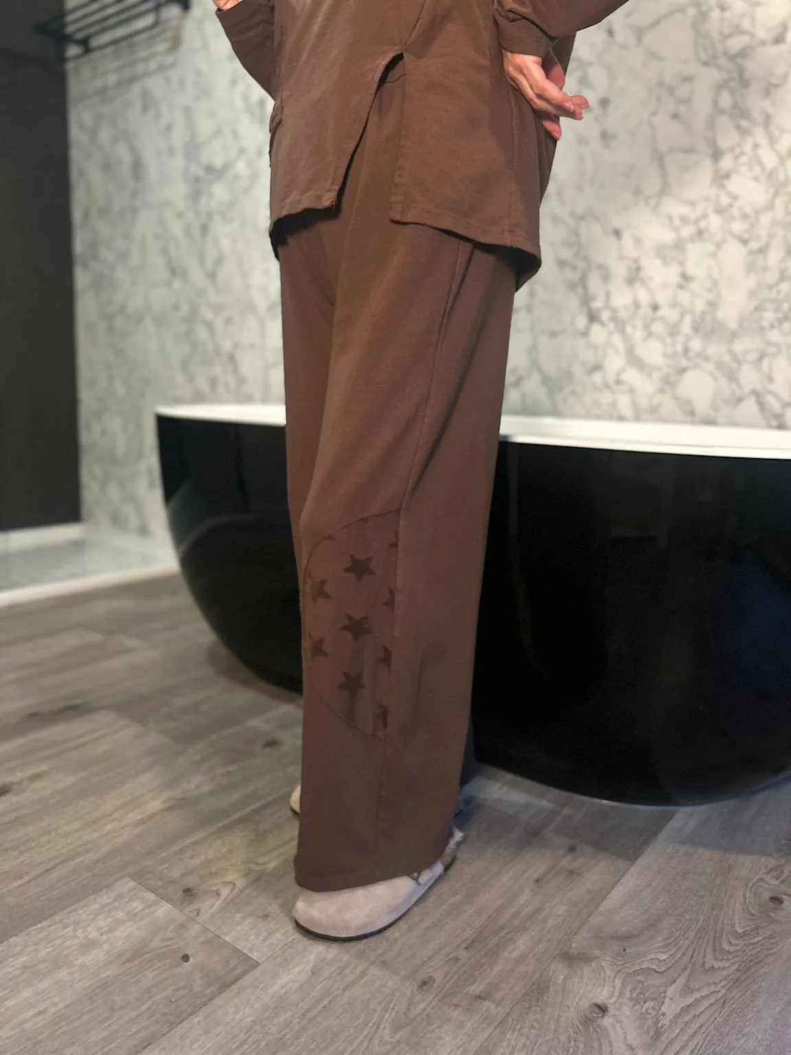 Wide Leg Joggers with Star Detail in Chocolate Skyler