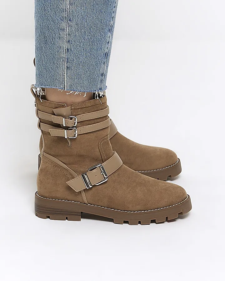 Brown Buckle Detail Suedette Biker Boots