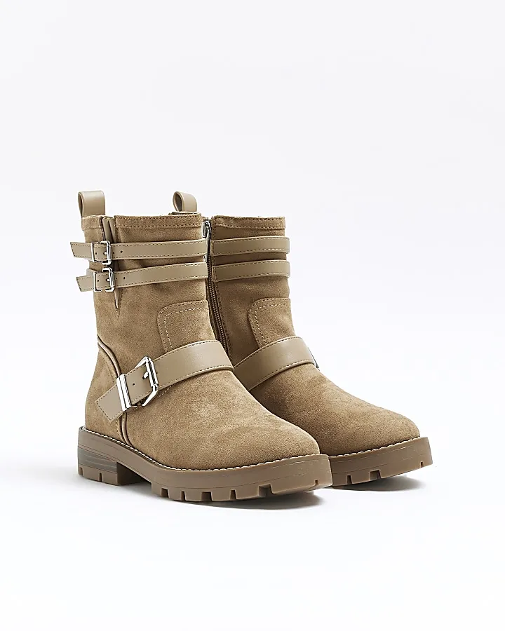 Brown Buckle Detail Suedette Biker Boots