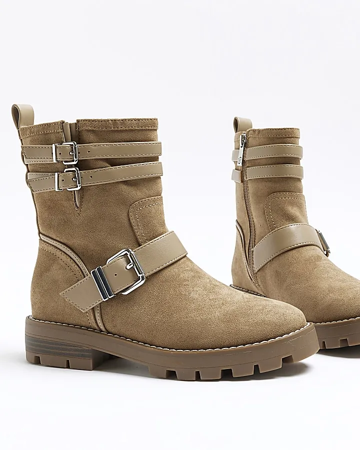 Brown Buckle Detail Suedette Biker Boots