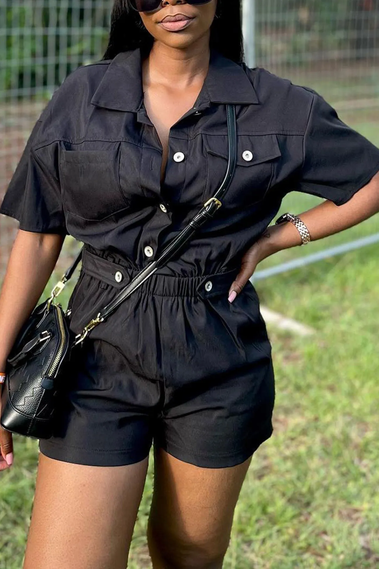 Button-Down Cargo Rompers with Elastic Waist