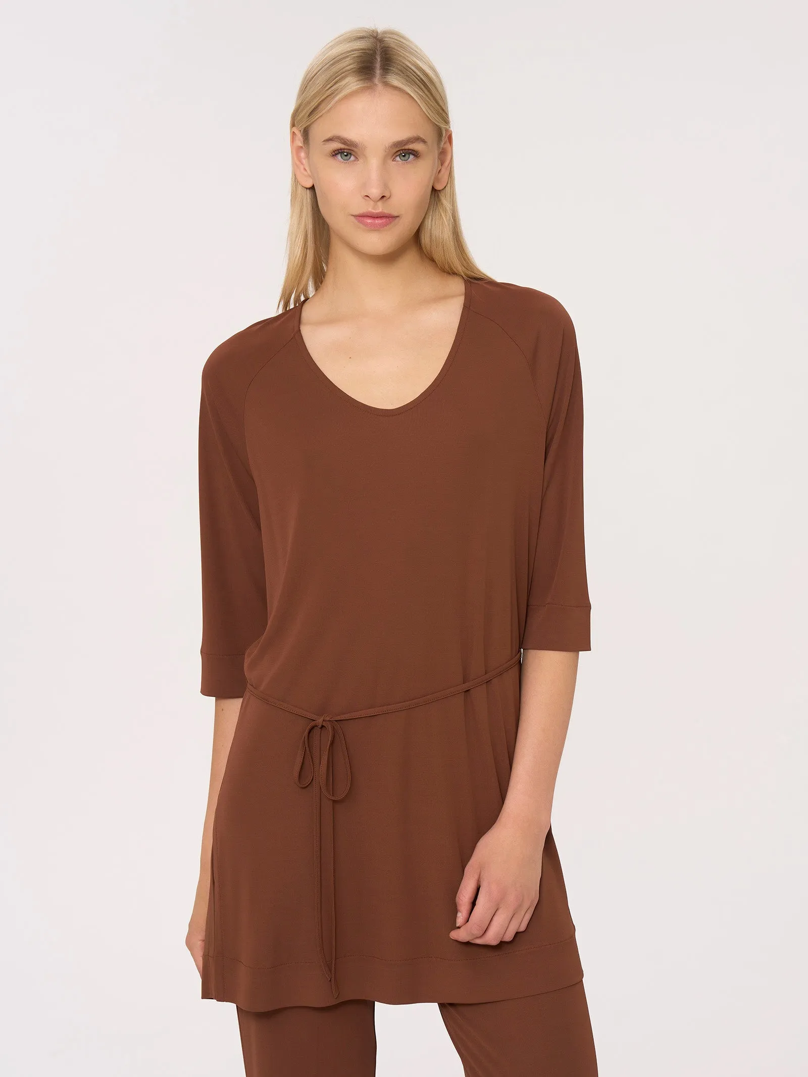 Long Satin Crêpe Top with Waistband - Cappuccino