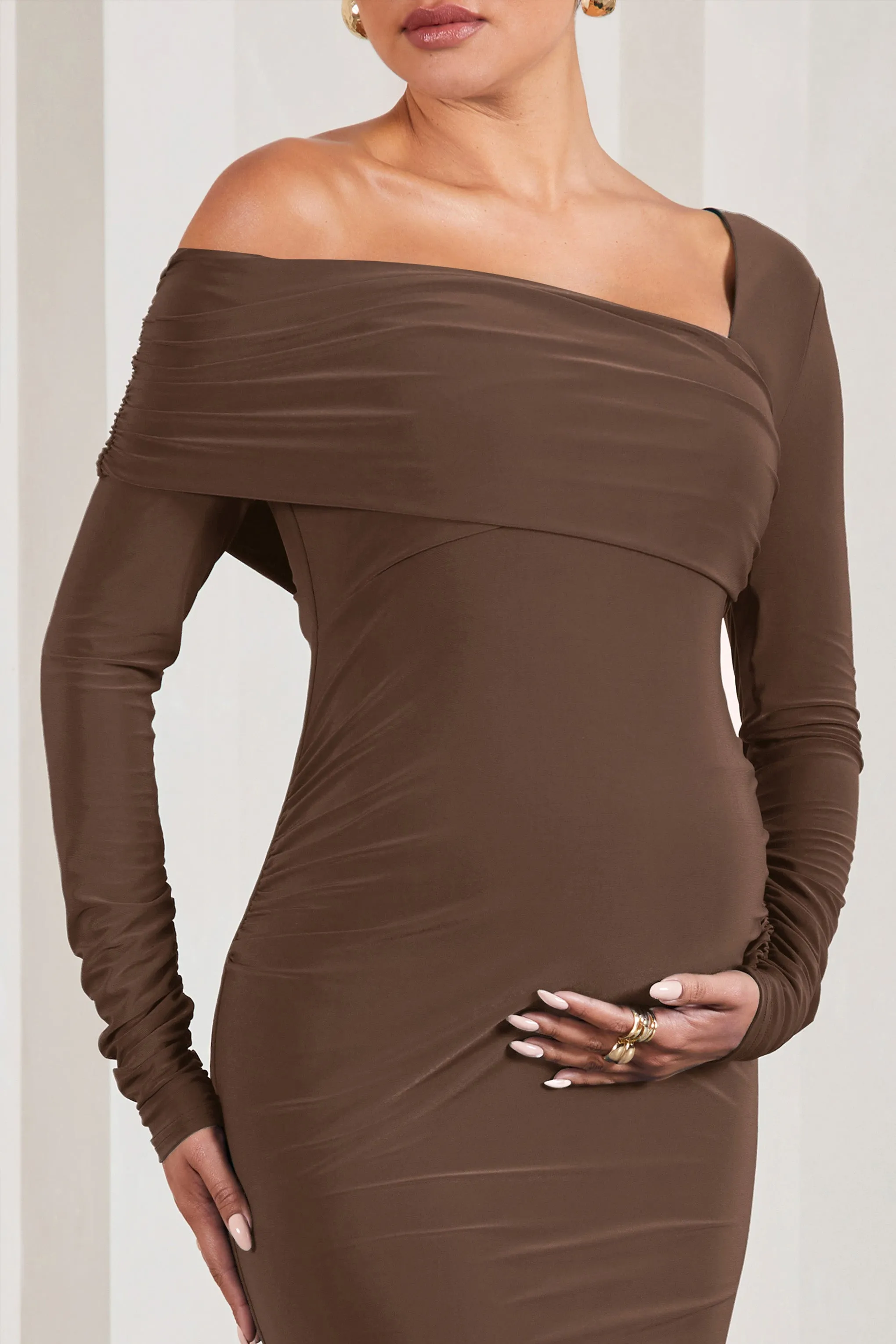 Chocolate One-Shoulder Maternity Midi Dress