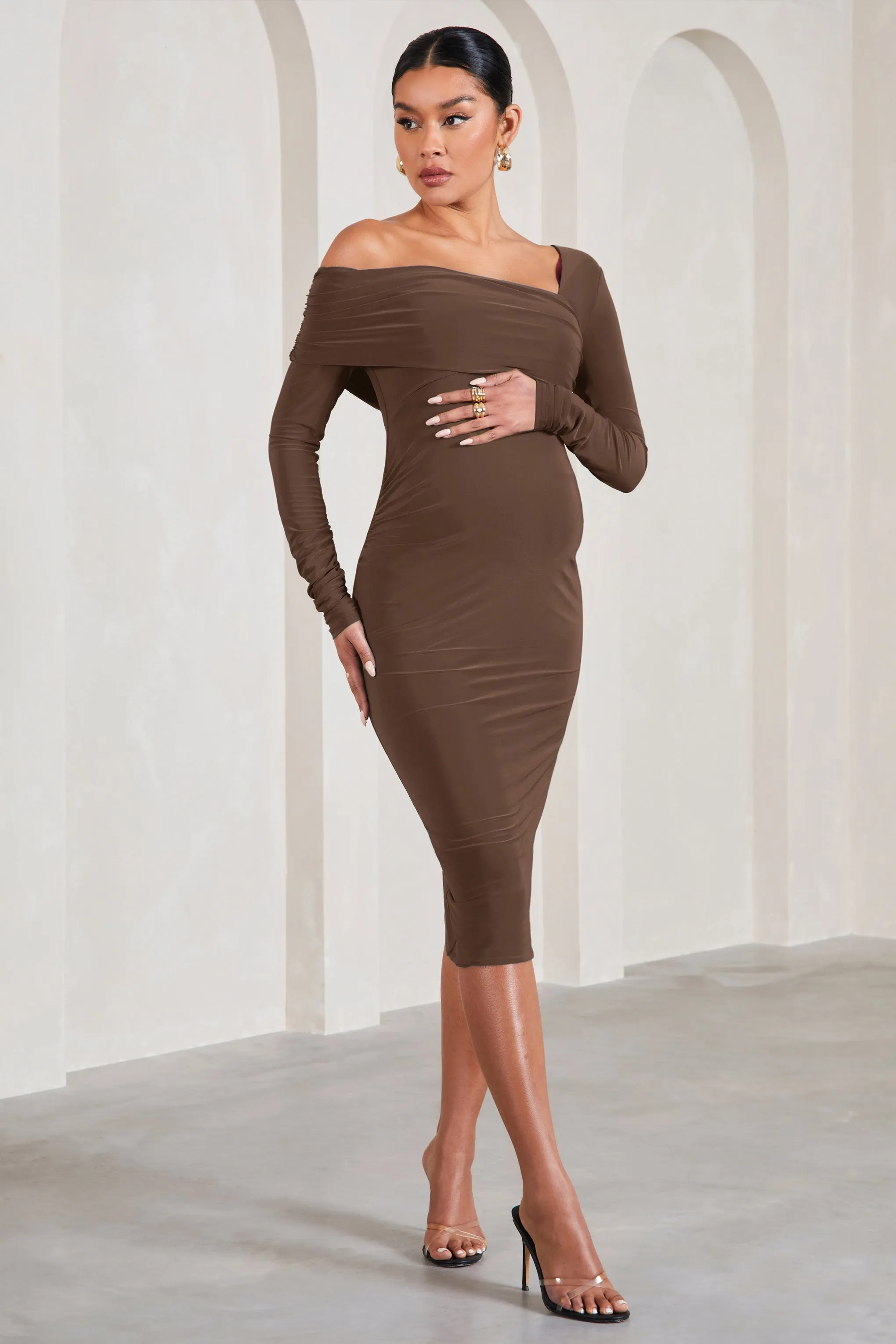 Chocolate One-Shoulder Maternity Midi Dress