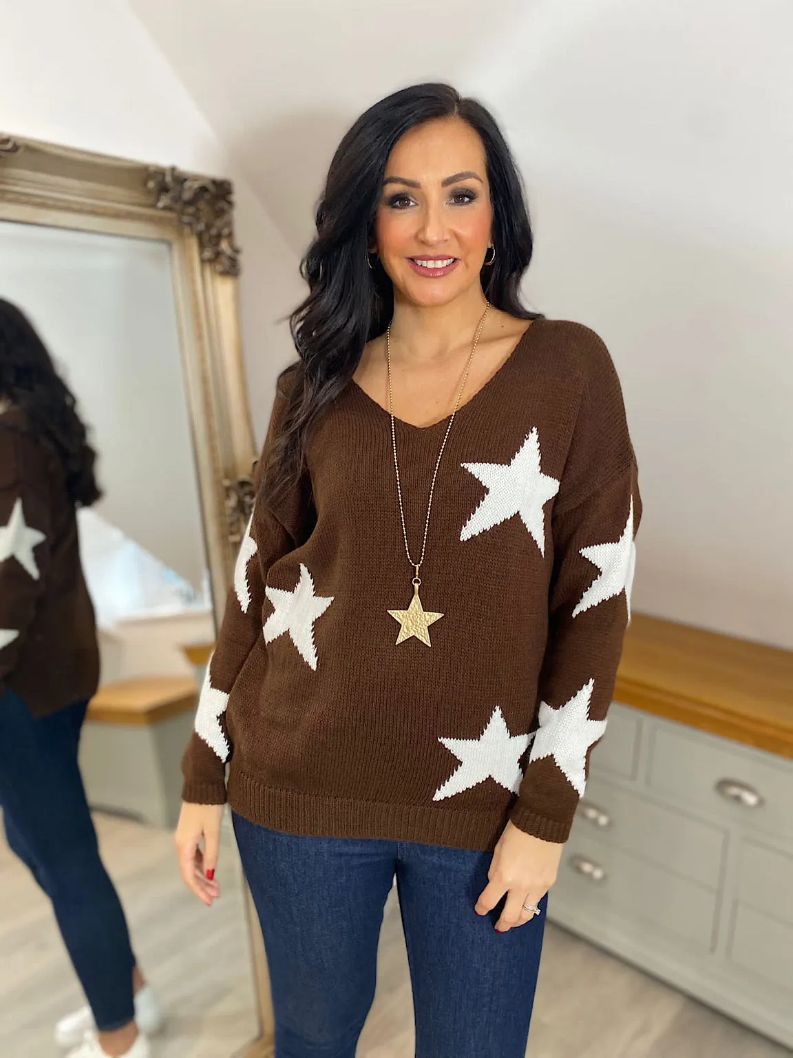 Brown Star V Neck Jumper Brenda