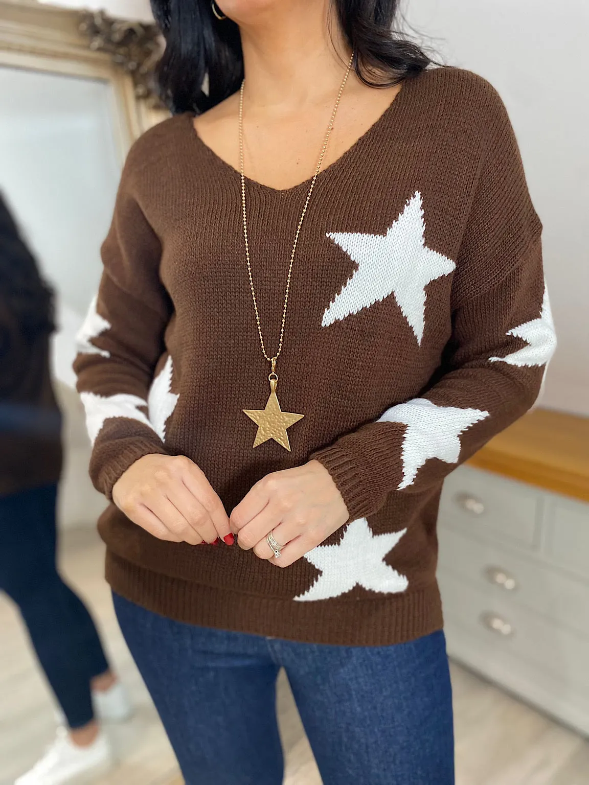 Brown Star V Neck Jumper Brenda