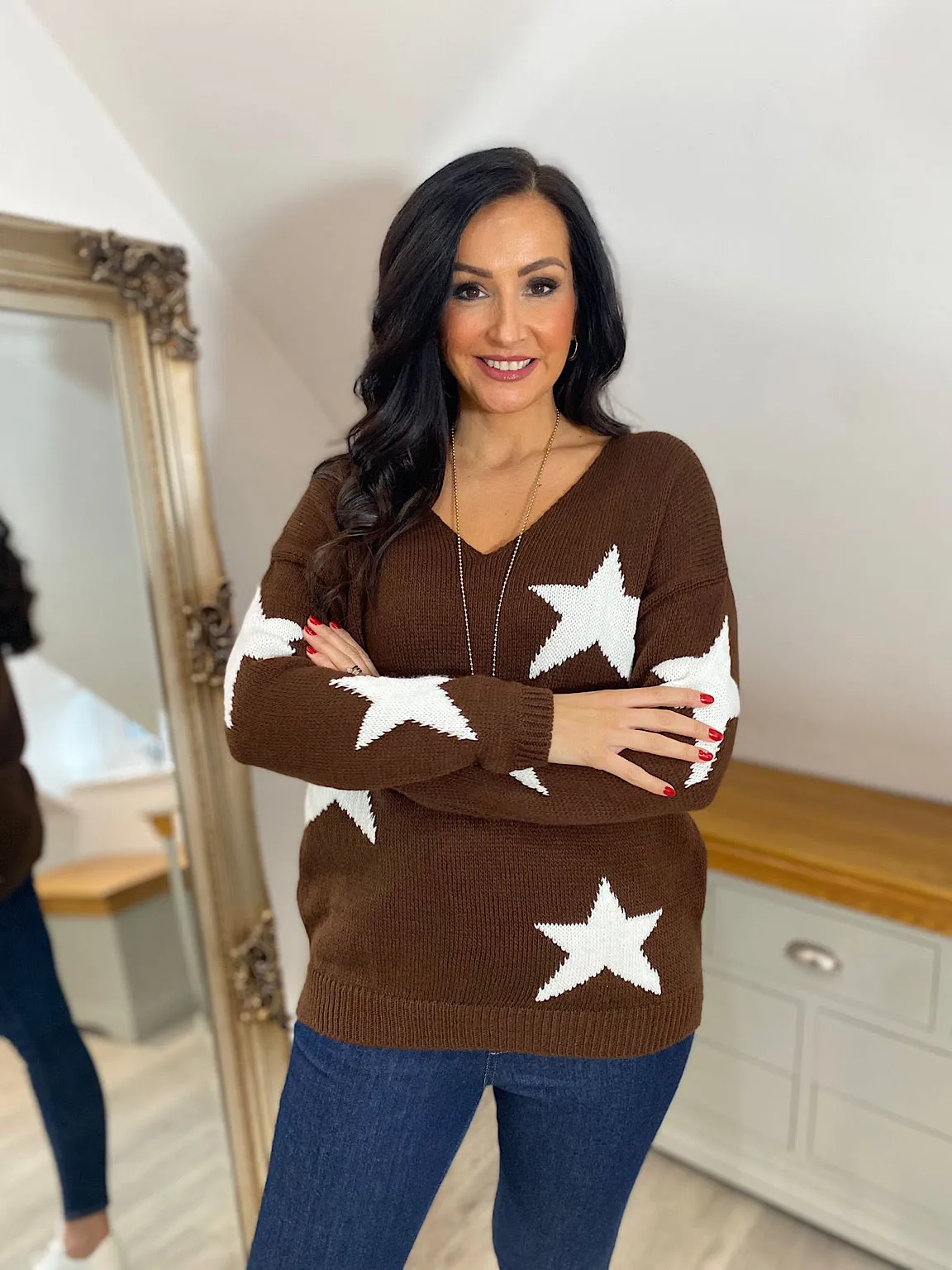 Brown Star V Neck Jumper Brenda