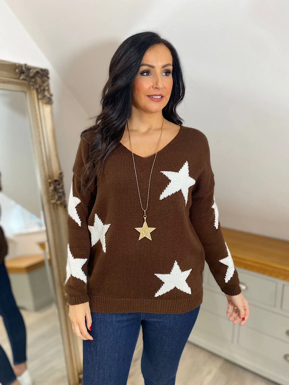 Brown Star V Neck Jumper Brenda