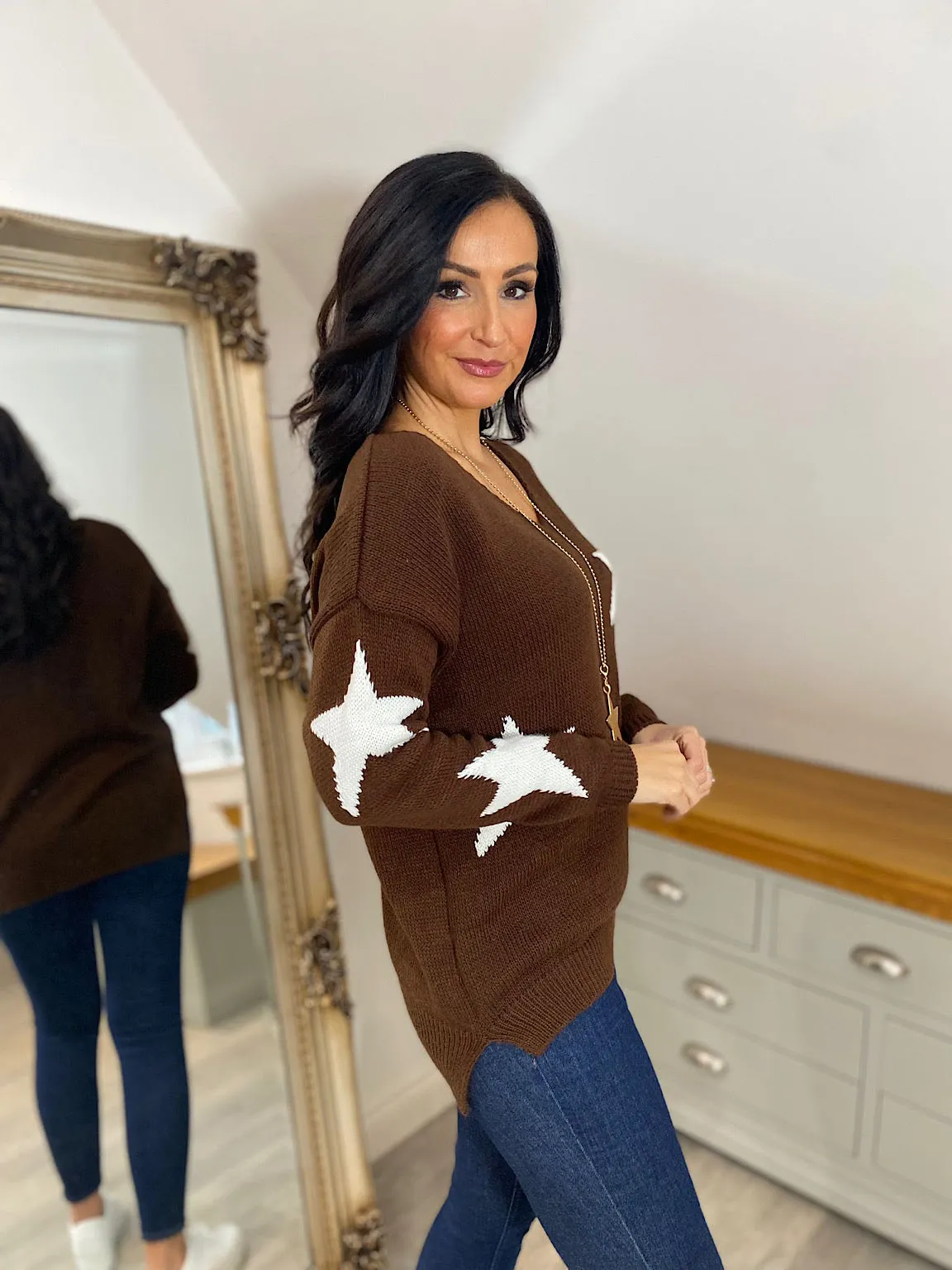 Brown Star V Neck Jumper Brenda