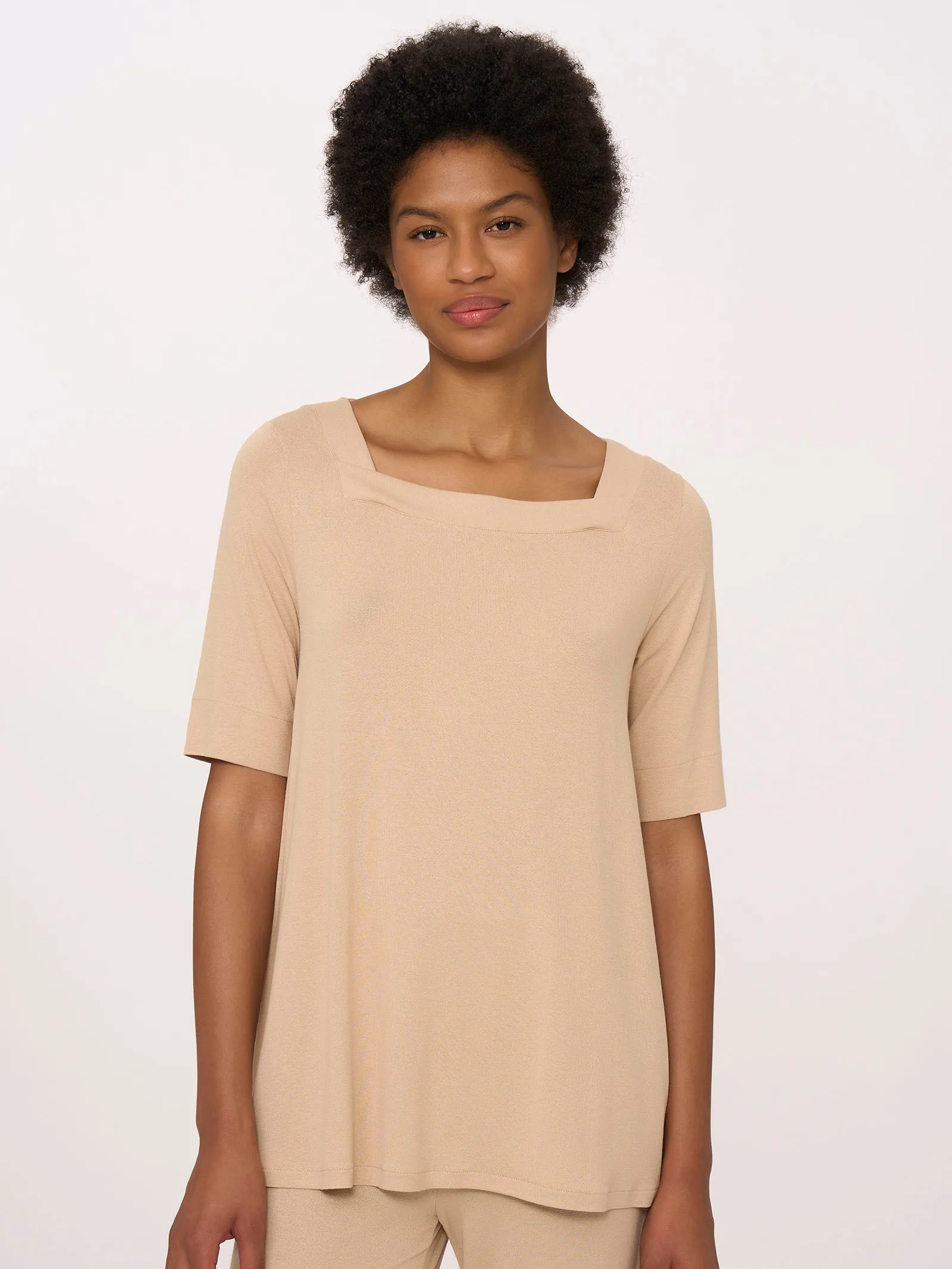 Tibetan Red 3/4 Sleeve T-Shirt in Viscose Crêpe Jersey