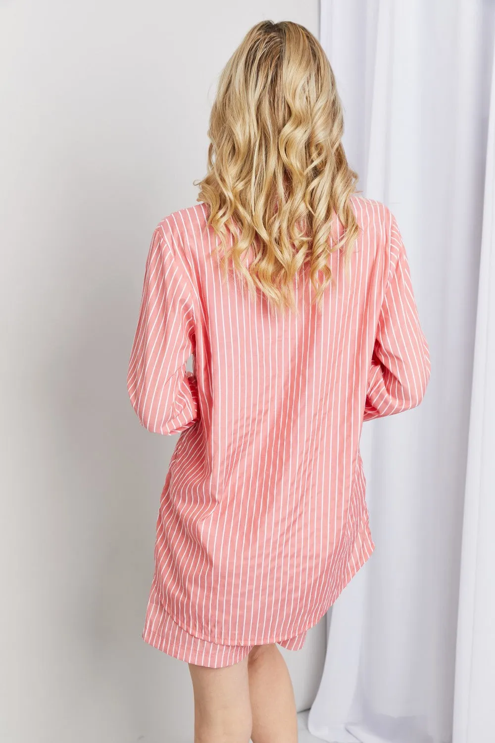 Deep Coral Striped Loungewear Set with Shirt and Shorts