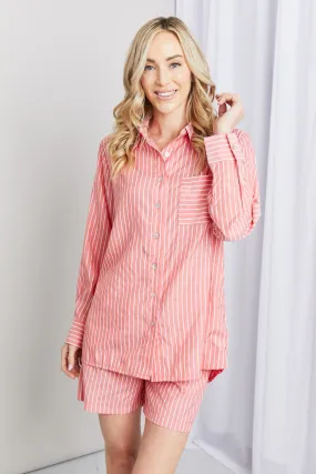 Deep Coral Striped Loungewear Set with Shirt and Shorts