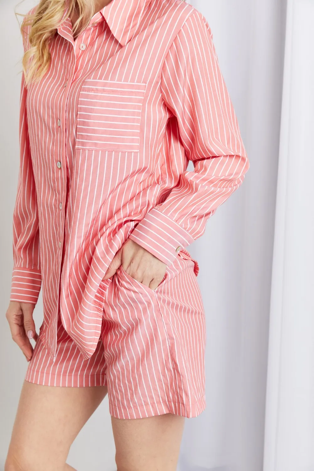 Deep Coral Striped Loungewear Set with Shirt and Shorts