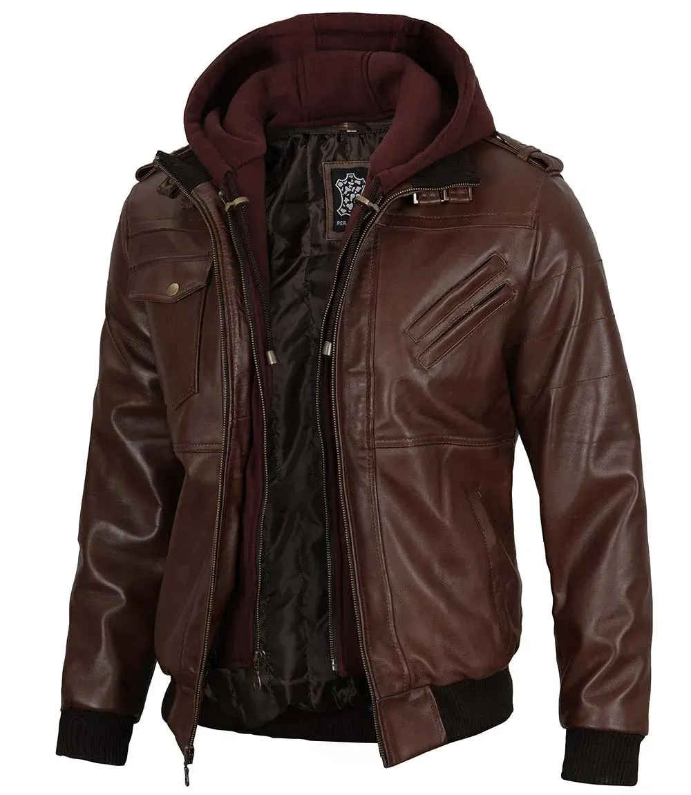 Mens Dark Brown Leather Bomber Jacket with Removable Hood