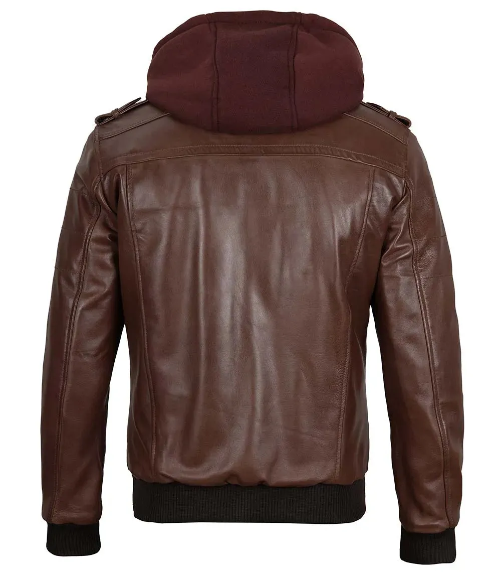 Mens Dark Brown Leather Bomber Jacket with Removable Hood